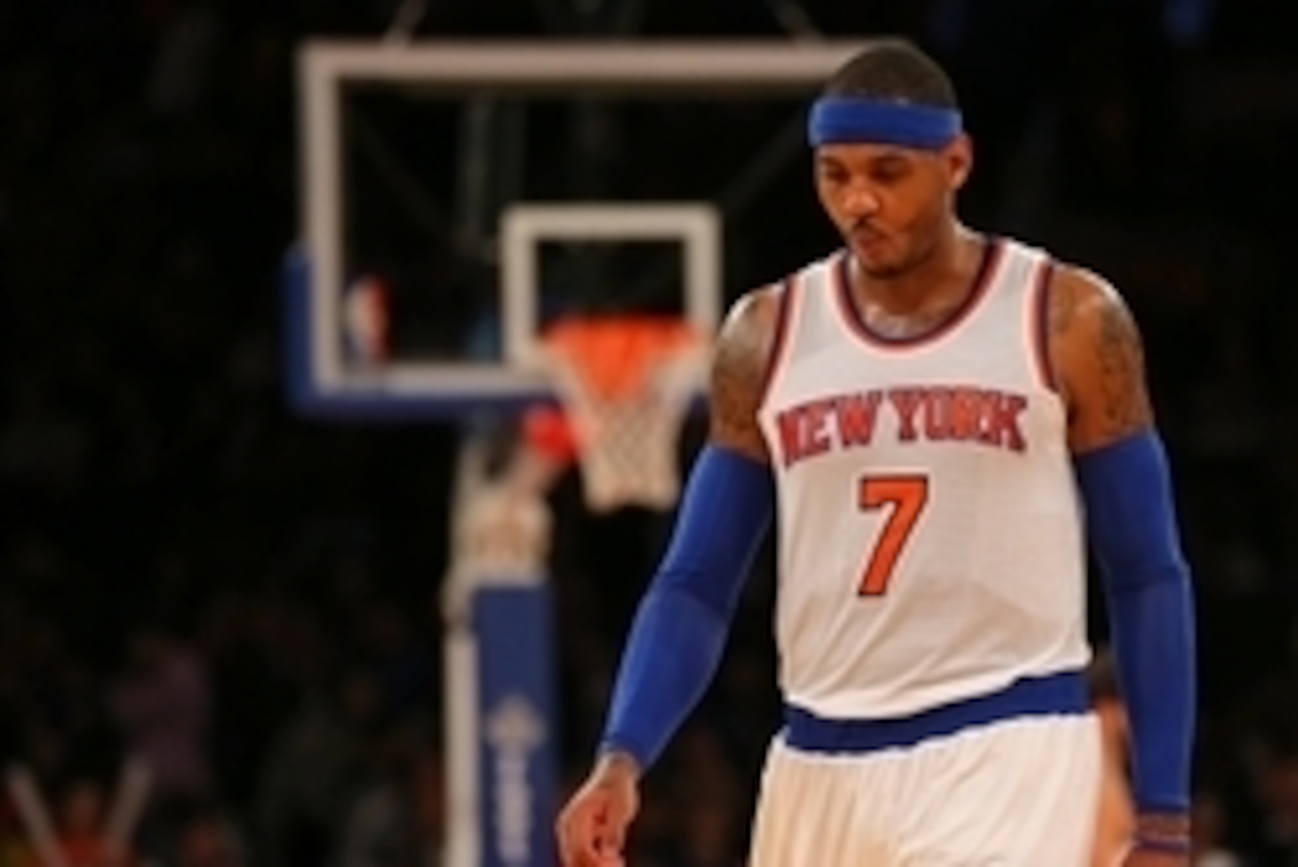 Nov 30, 2014; New York, NY, USA; New York Knicks forward Carmelo Anthony (7) reacts against the Miami Heat during the fourth quarter at Madison Square Garden. The Heat defeated the Knicks 86-79. Mandatory Credit: Adam Hunger-USA TODAY Sports