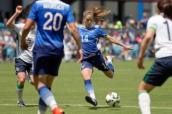SAN JOSE, CA - MAY 10:  Morgan Brian #14 of the United States takes a shot on goal against Ireland in the second half of their international friendly match on May 10, 2015 at Avaya Stadium in San Jose, California.  The U.S. won 3-0.  (Photo by Brian Bahr/