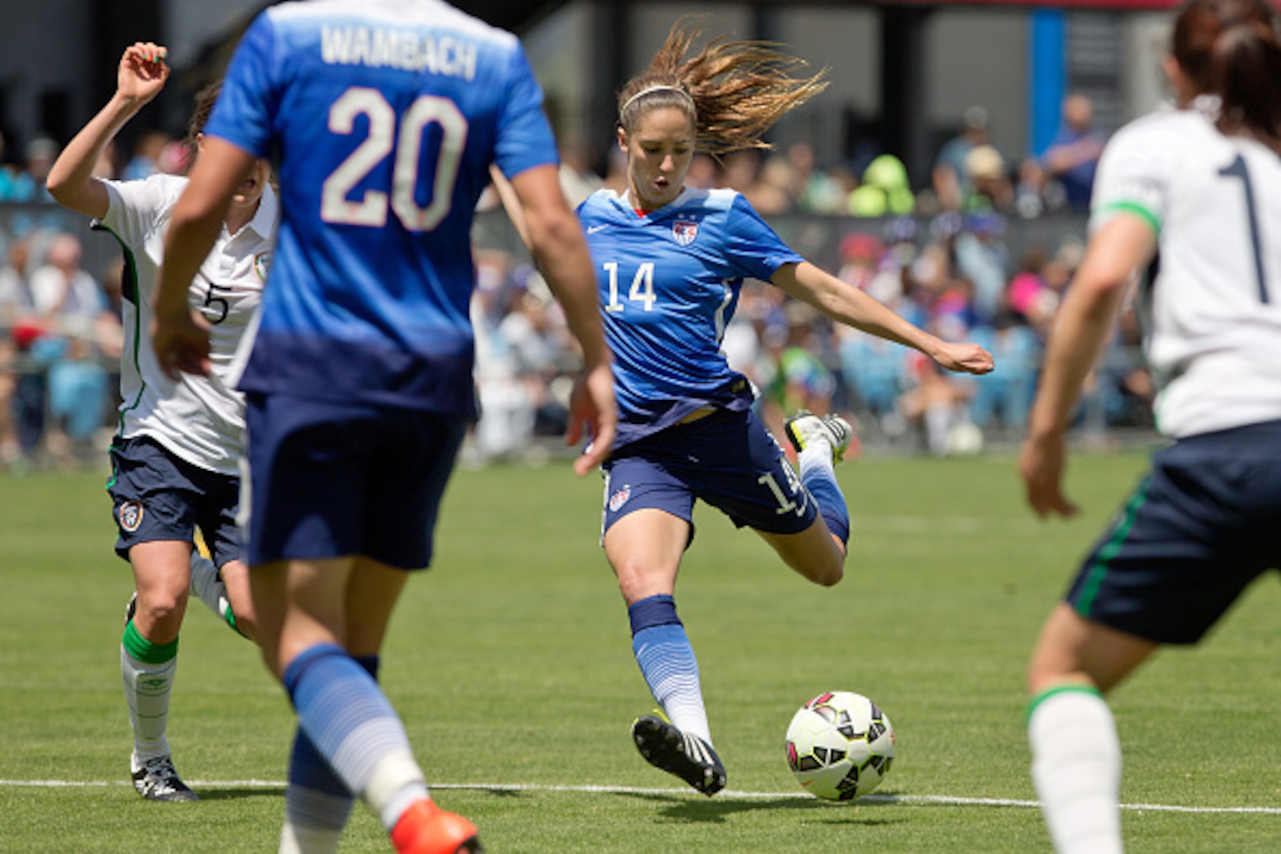 SAN JOSE, CA - MAY 10:  Morgan Brian #14 of the United States takes a shot on goal against Ireland in the second half of their international friendly match on May 10, 2015 at Avaya Stadium in San Jose, California.  The U.S. won 3-0.  (Photo by Brian Bahr/