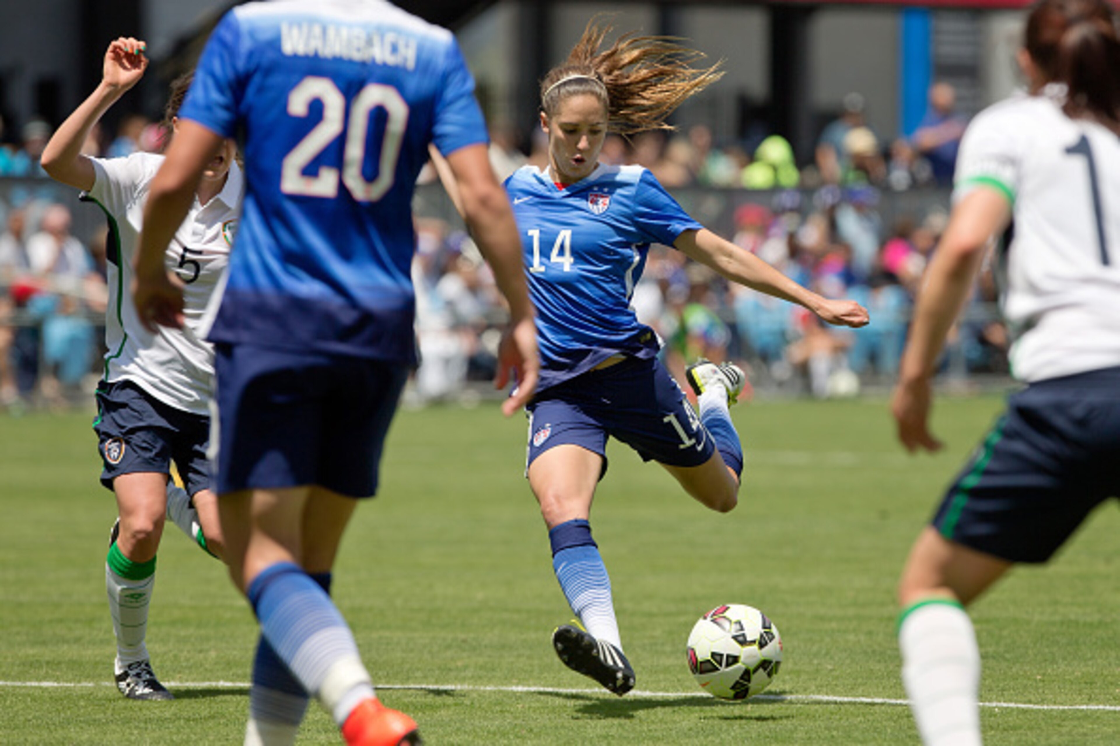 SAN JOSE, CA - MAY 10:  Morgan Brian #14 of the United States takes a shot on goal against Ireland in the second half of their international friendly match on May 10, 2015 at Avaya Stadium in San Jose, California.  The U.S. won 3-0.  (Photo by Brian Bahr/
