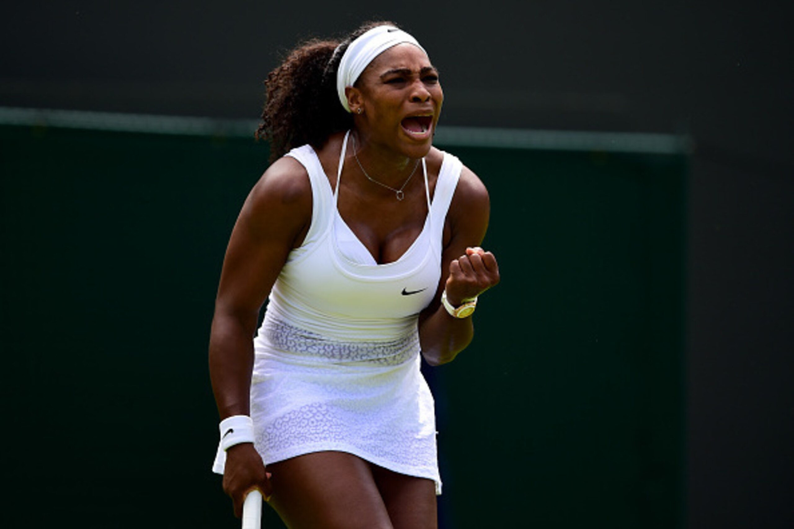 LONDON, ENGLAND - JUNE 29:  Serena Williams of the United States reacts in her LadiesÂs Singles first round match against Margarita Gasparyan of Russia during day one of the Wimbledon Lawn Tennis Championships at the All England Lawn Tennis and Croquet Cl