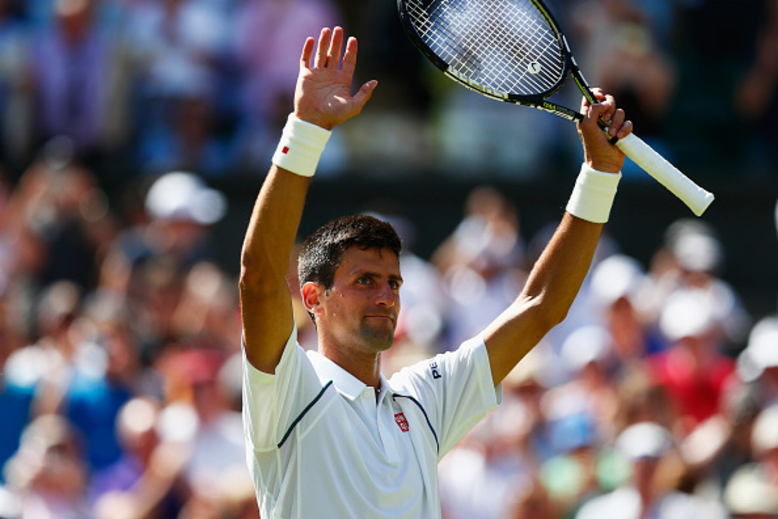 LONDON, ENGLAND - JUNE 29:  Novak Djokovic of Serbia reacts after winning his GentlemenÂs Singles first round match against Philipp Kohlschreiber of Germany during day one of the Wimbledon Lawn Tennis Championships at the All England Lawn Tennis and Croqu
