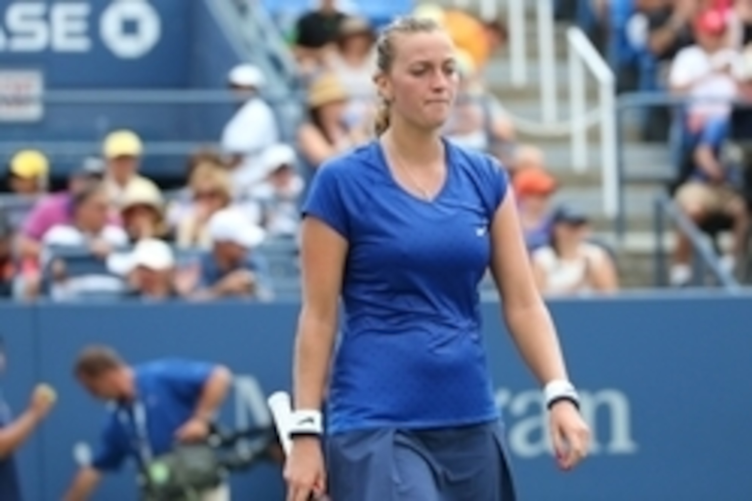 Aug 30, 2014; New York, NY, USA; Petra Kvitova (CZE) reacts to losing a point to Aleksandra Krunic (SRB) at Armstrong Stadium on day six of the 2014 U.S. Open tennis tournament at USTA Billie Jean King National Tennis Center. Mandatory Credit: Anthony Gr Aug 30, 2014; New York, NY, USA; Petra Kvitova (CZE) reacts to losing a point to Aleksandra Krunic (SRB) at Armstrong Stadium on day six of the 2014 U.S. Open tennis tournament at USTA Billie Jean King National Tennis Center. Mandatory Credit: Anthony Gr