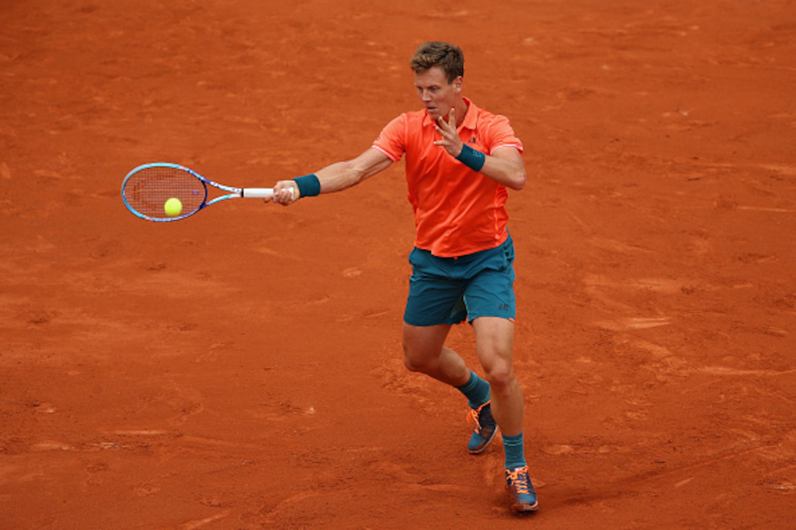 PARIS, FRANCE - MAY 31:  Tomas Berdych of Czech Republic plays a forehand in his Men's Singles match against Jo-Wilfried Tsonga of France on day eight of the 2015 French Open at Roland Garros on May 31, 2015 in Paris, France.  (Photo by Clive Brunskill/Ge