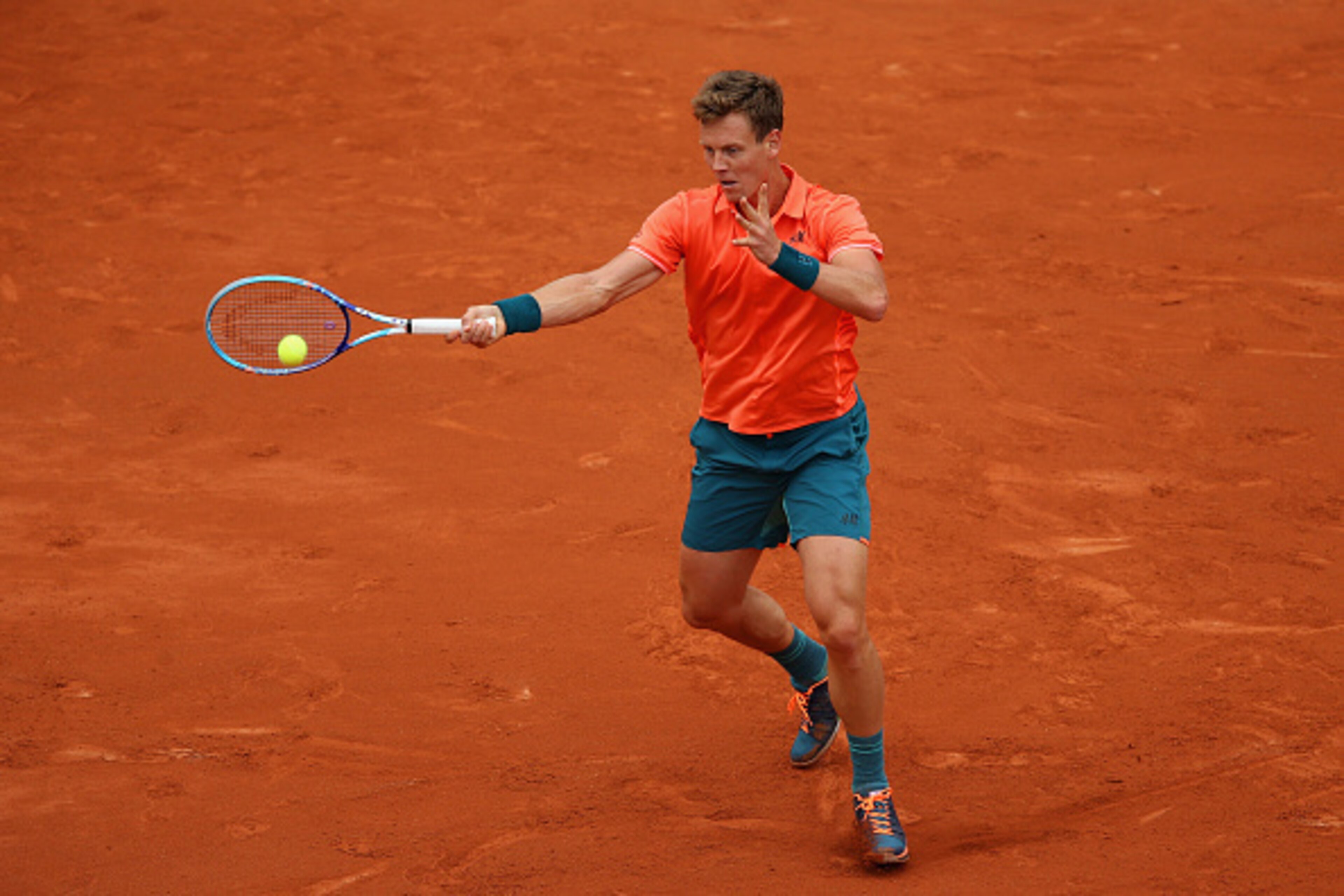 PARIS, FRANCE - MAY 31:  Tomas Berdych of Czech Republic plays a forehand in his Men's Singles match against Jo-Wilfried Tsonga of France on day eight of the 2015 French Open at Roland Garros on May 31, 2015 in Paris, France.  (Photo by Clive Brunskill/Ge
