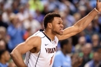 Mar 13, 2015; Greensboro, NC, USA; Virginia Cavaliers guard Justin Anderson (1) reacts to a call during game against the North Carolina Tar Heels in the second half during the semifinals of the ACC Tournament at Greensboro Coliseum. The North Carolina Tar