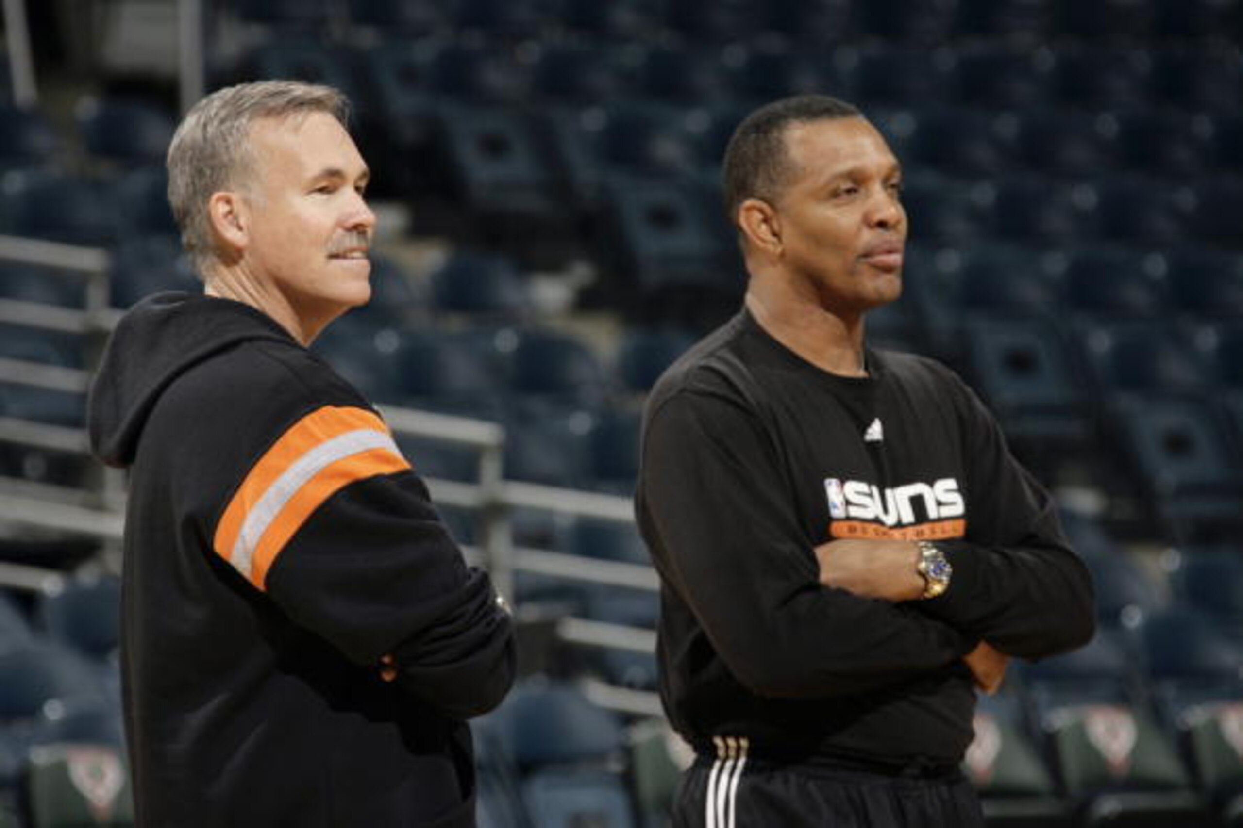 MILWAUKEE - JANUARY 26:  (L-R) Head coach Mike D'Antoni and assistant coach Alvin Gentry of the Phoenix Suns oversee practice before the game against the Milwaukee Bucks at the Bradley Center on January 26, 2007 in Milwaukee, Wisconsin. The Suns won 98-90