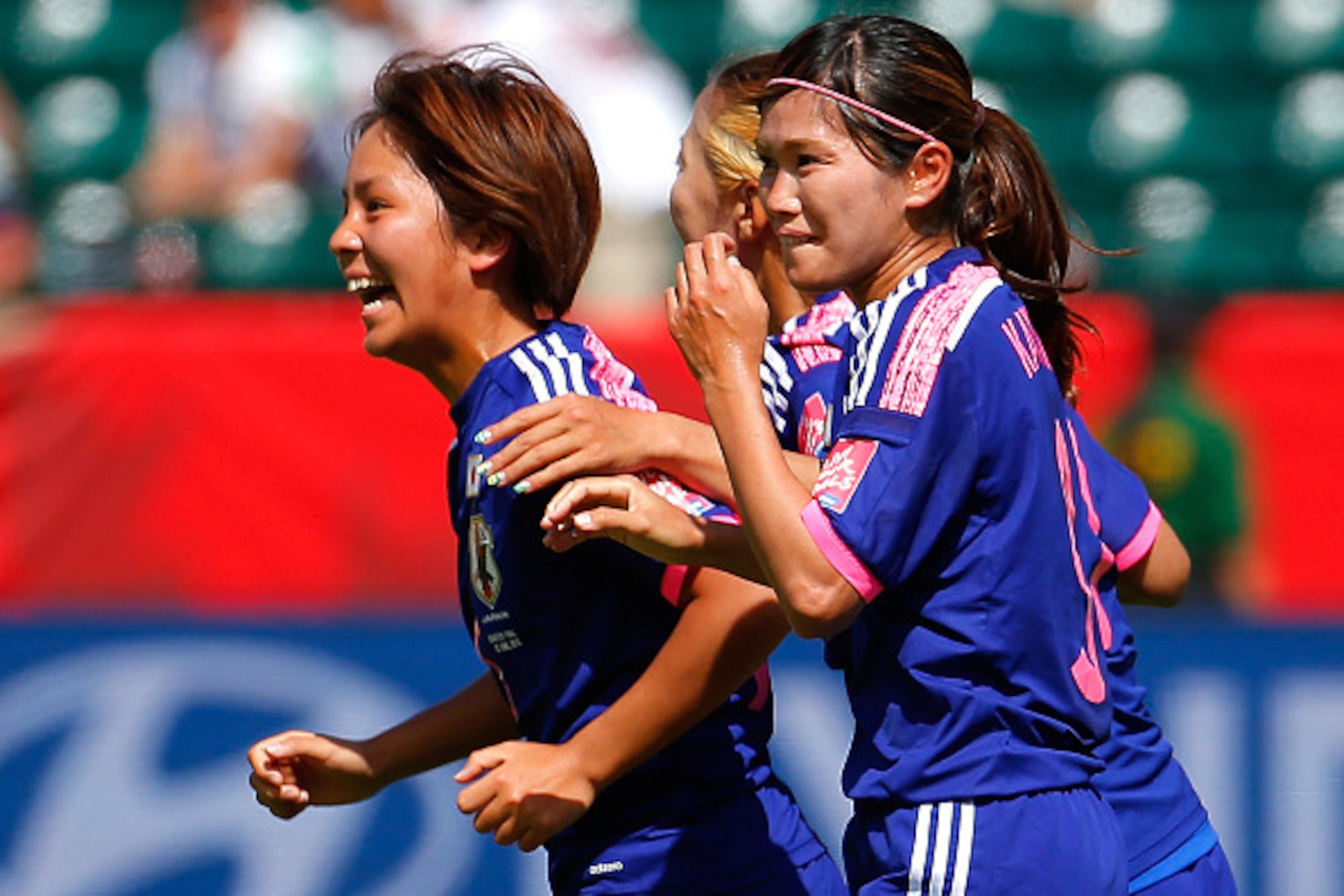 EDMONTON, AB - JUNE 27:  Mana Iwabuchi #16 of Japan celebrates scoring the first goal against Australia during the FIFA Women's World Cup Canada 2015 Quarter Final match between Australia and Japan at Commonwealth Stadium on June 27, 2015 in Edmonton, Can
