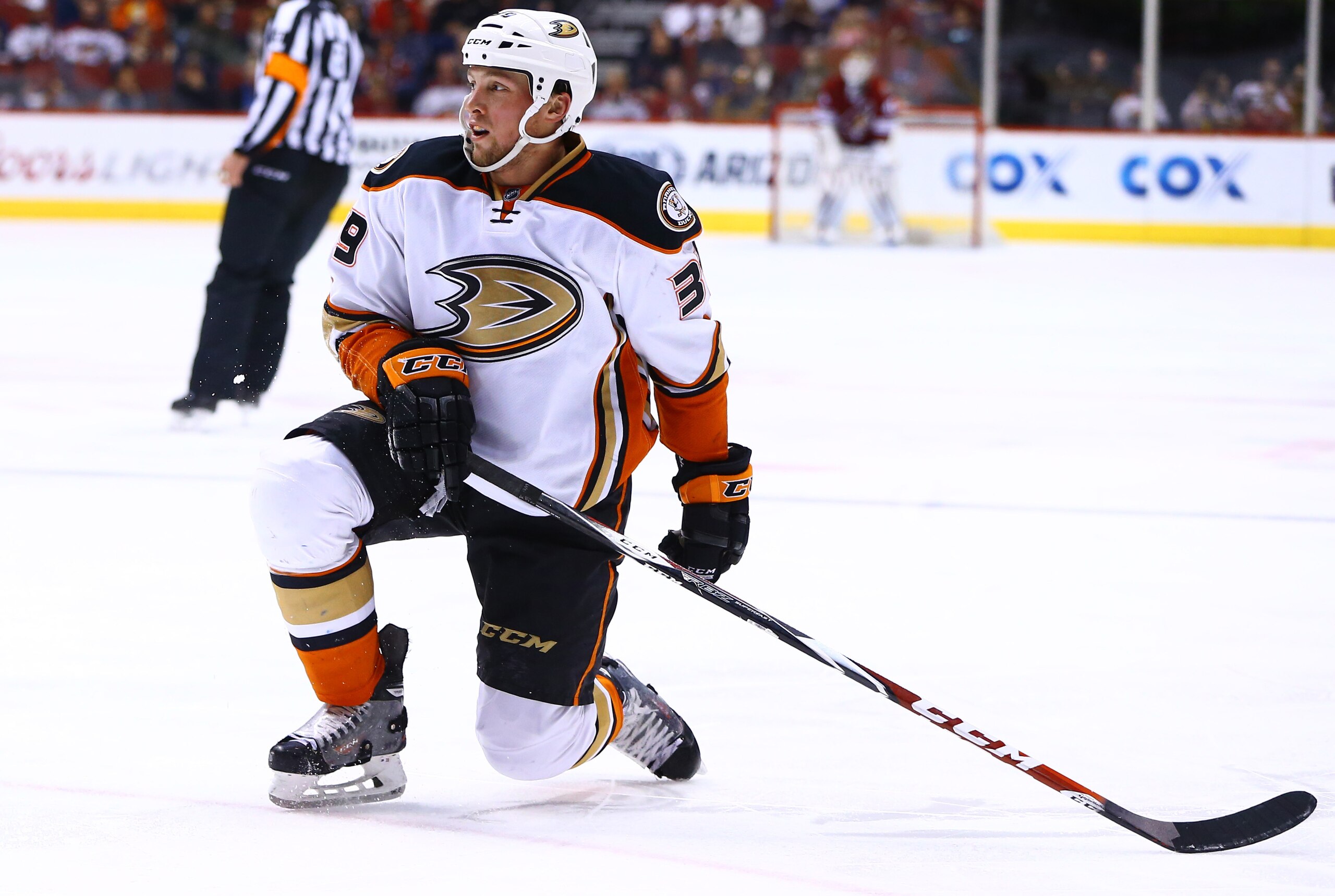 Dec 27, 2014; Glendale, AZ, USA; Anaheim Ducks left wing Matt Beleskey (39) against the Arizona Coyotes at Gila River Arena. The Coyotes defeated the Ducks 2-1 in an overtime shootout. Mandatory Credit: Mark J. Rebilas-USA TODAY Sports