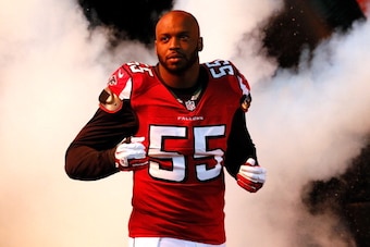 ATLANTA, GA - AUGUST 16:  John Abraham #55 of the Atlanta Falcons against the Cincinnati Bengals at Georgia Dome on August 16, 2012 in Atlanta, Georgia.  (Photo by Kevin C. Cox/Getty Images)