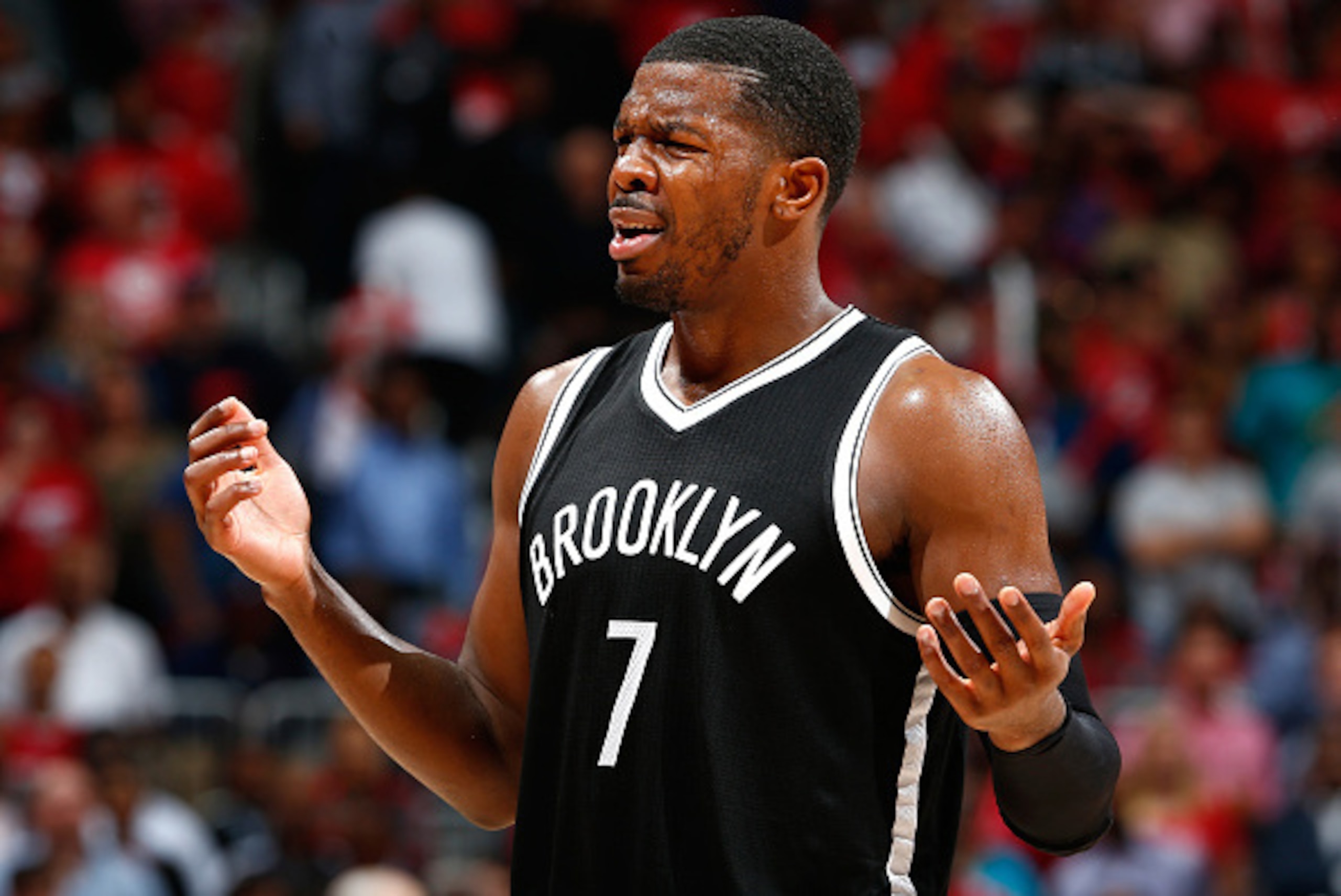 ATLANTA, GA - APRIL 22:  Joe Johnson #7 of the Brooklyn Nets reacts after being charged with a foul against the Atlanta Hawks during Game Two of the Eastern Conference Quarterfinals of the NBA Playoffs at Philips Arena on April 22, 2015 in Atlanta, Georgi