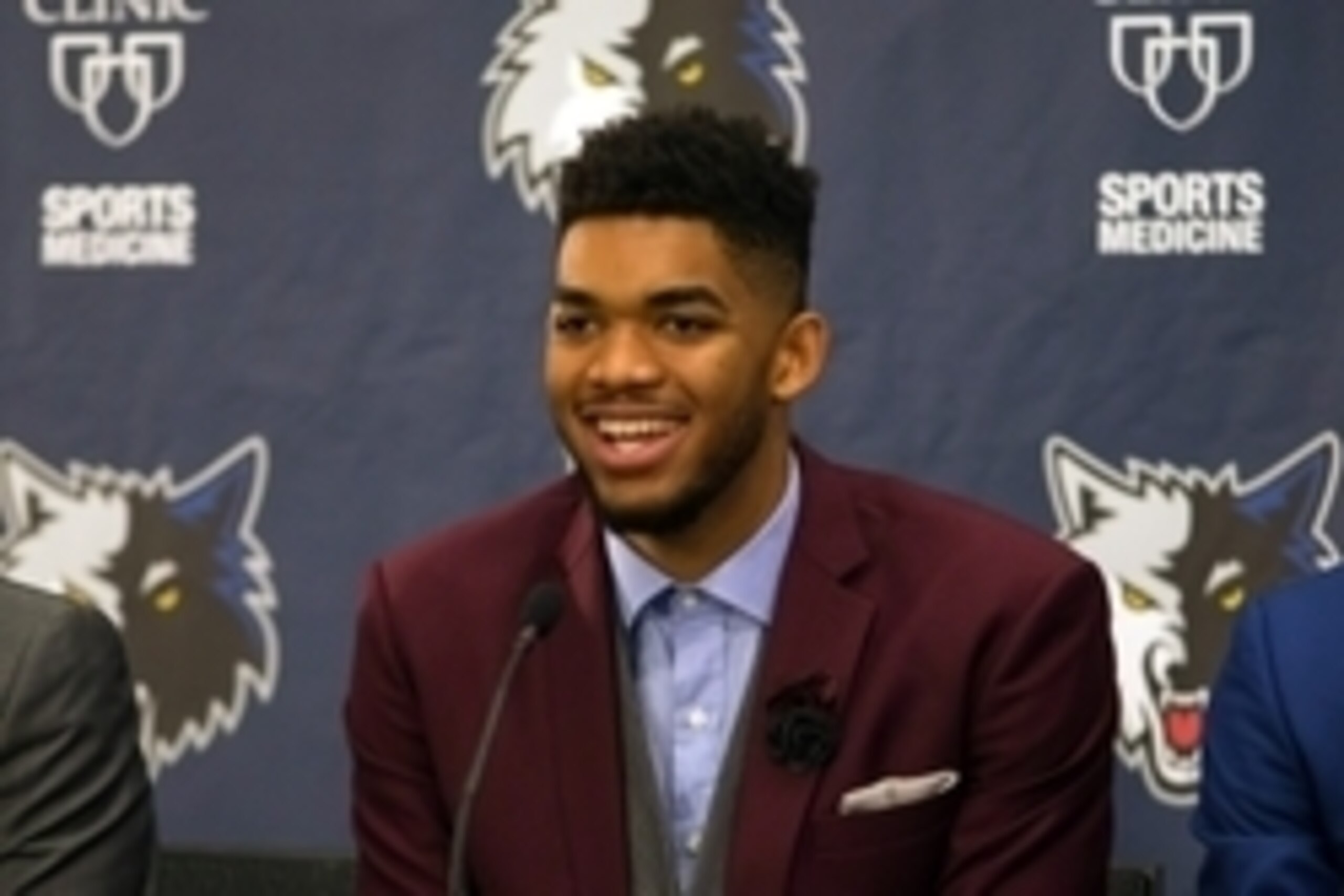 Jun 26, 2015; Minneapolis, MN, USA; Minnesota Timberwolves number one overall draft pick Karl-Anthony Towns addresses the media at Mayo Clinic Square. Mandatory Credit: Brad Rempel-USA TODAY Sports