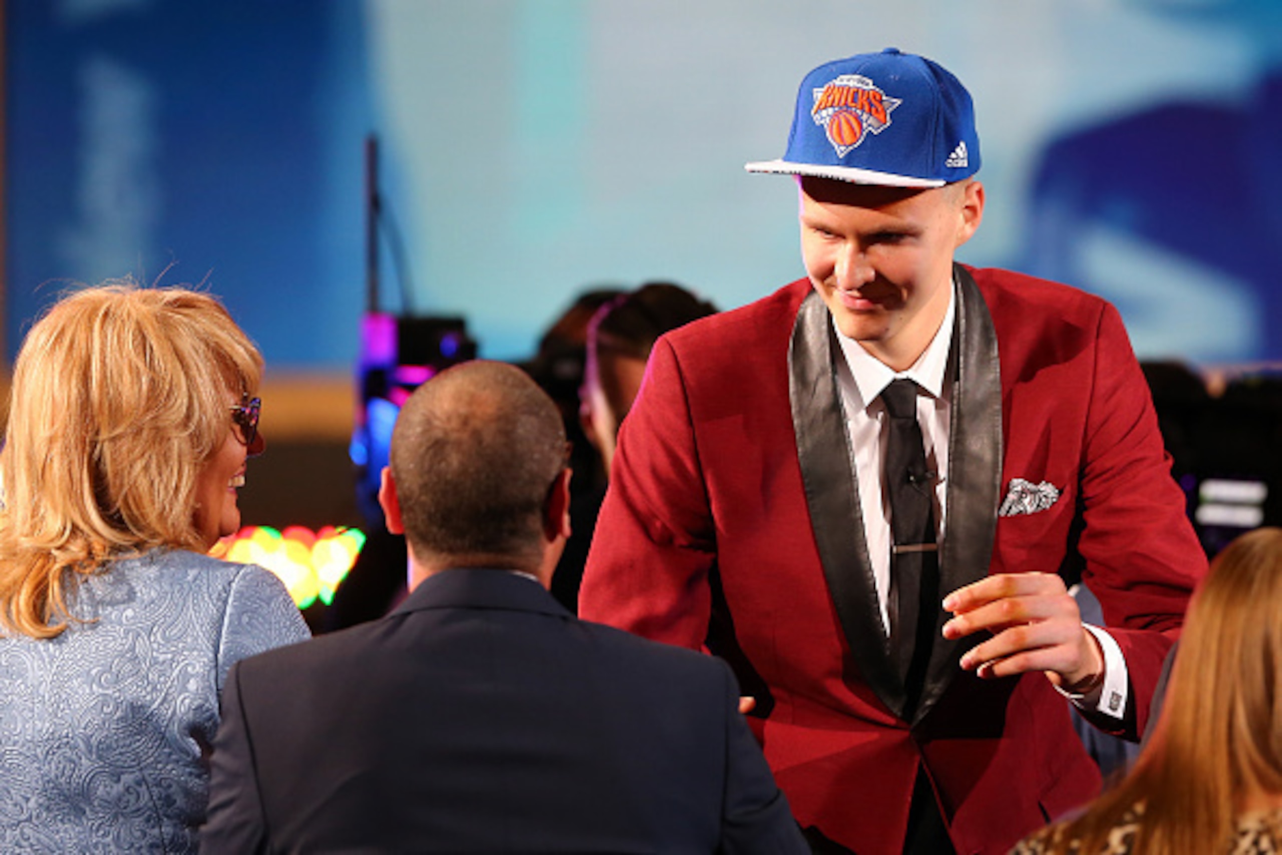 NEW YORK, NY - JUNE 25:  Kristaps Porzingis celebrates after being selected fourth overall by the New York Knicks in the First Round of the 2015 NBA Draft at the Barclays Center on June 25, 2015 in the Brooklyn borough of  New York City. NOTE TO USER: Use