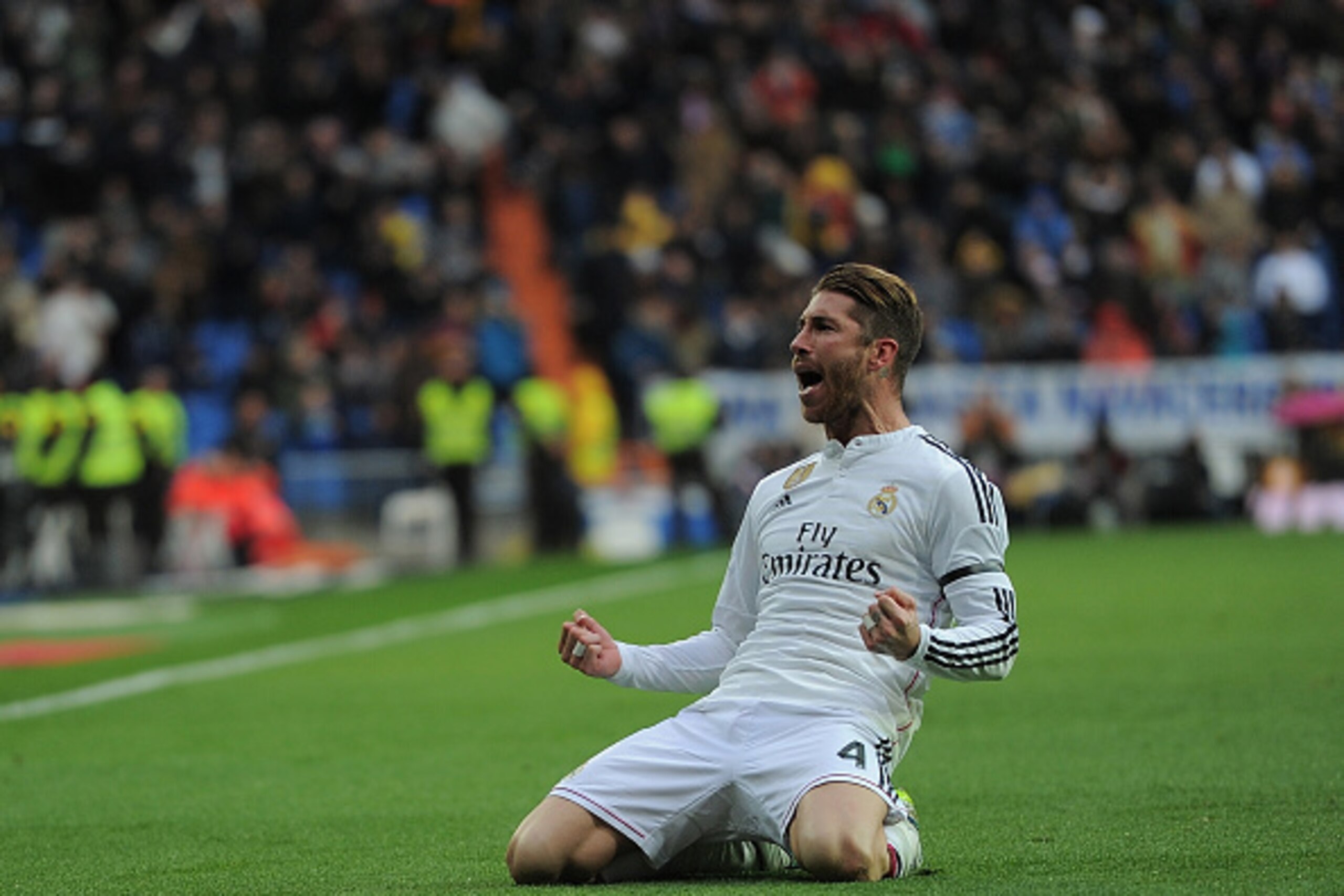 MADRID, SPAIN - JANUARY 31:  Sergio Ramos of Real Madrid celebrates after scoring Real's 2nd goal during the La Liga match between Real Madrid CF and Real Sociedad de Futbol at Estadio Santiago Bernabeu on January 31, 2015 in Madrid, Spain.  (Photo by Den