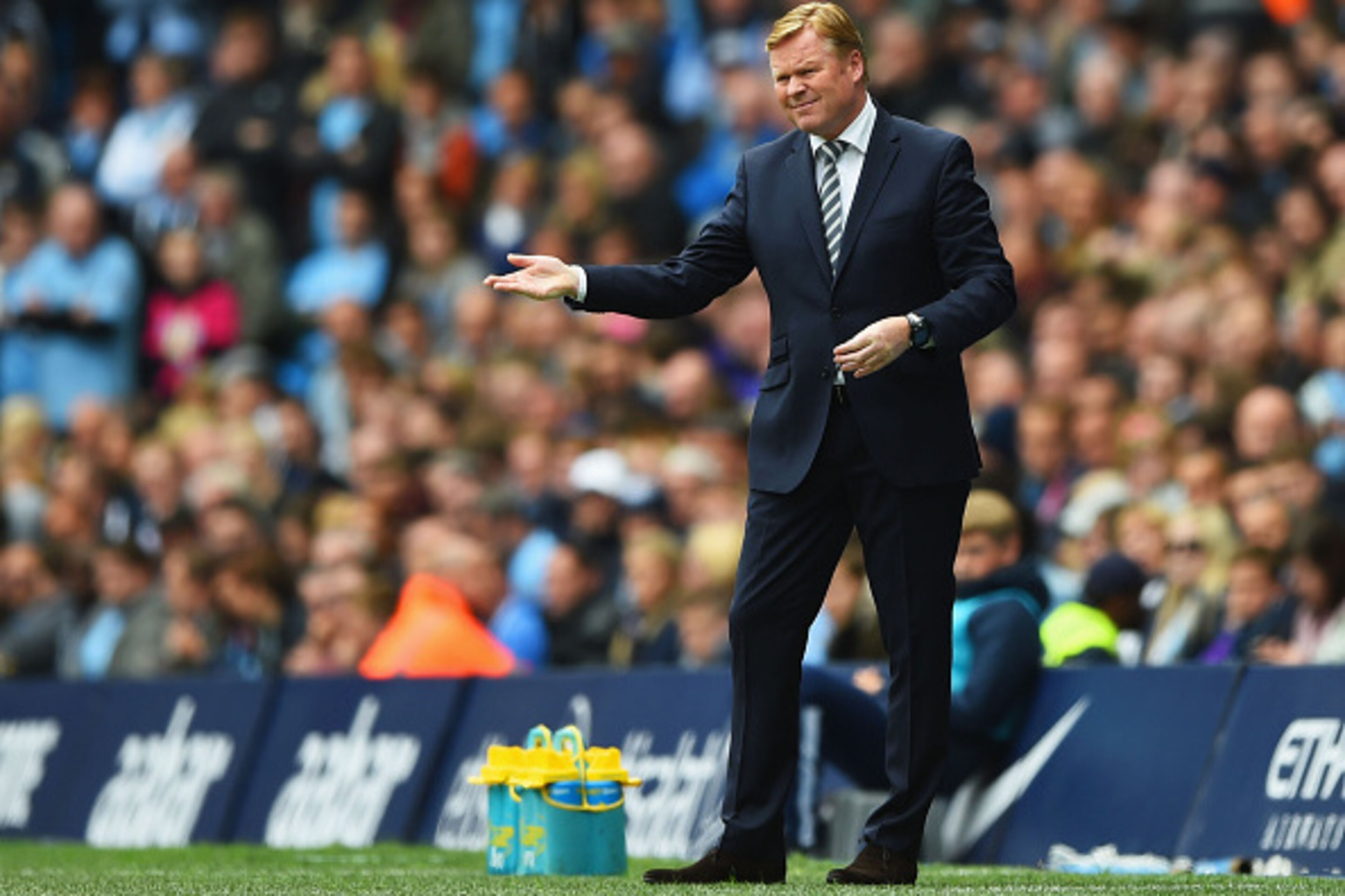 MANCHESTER, ENGLAND - MAY 24: Ronald Koeman manager of Southampton gestures during the Barclays Premier League match between Manchester City and Southampton at Etihad Stadium on May 24, 2015 in Manchester, England.  (Photo by Shaun Botterill/Getty Images)