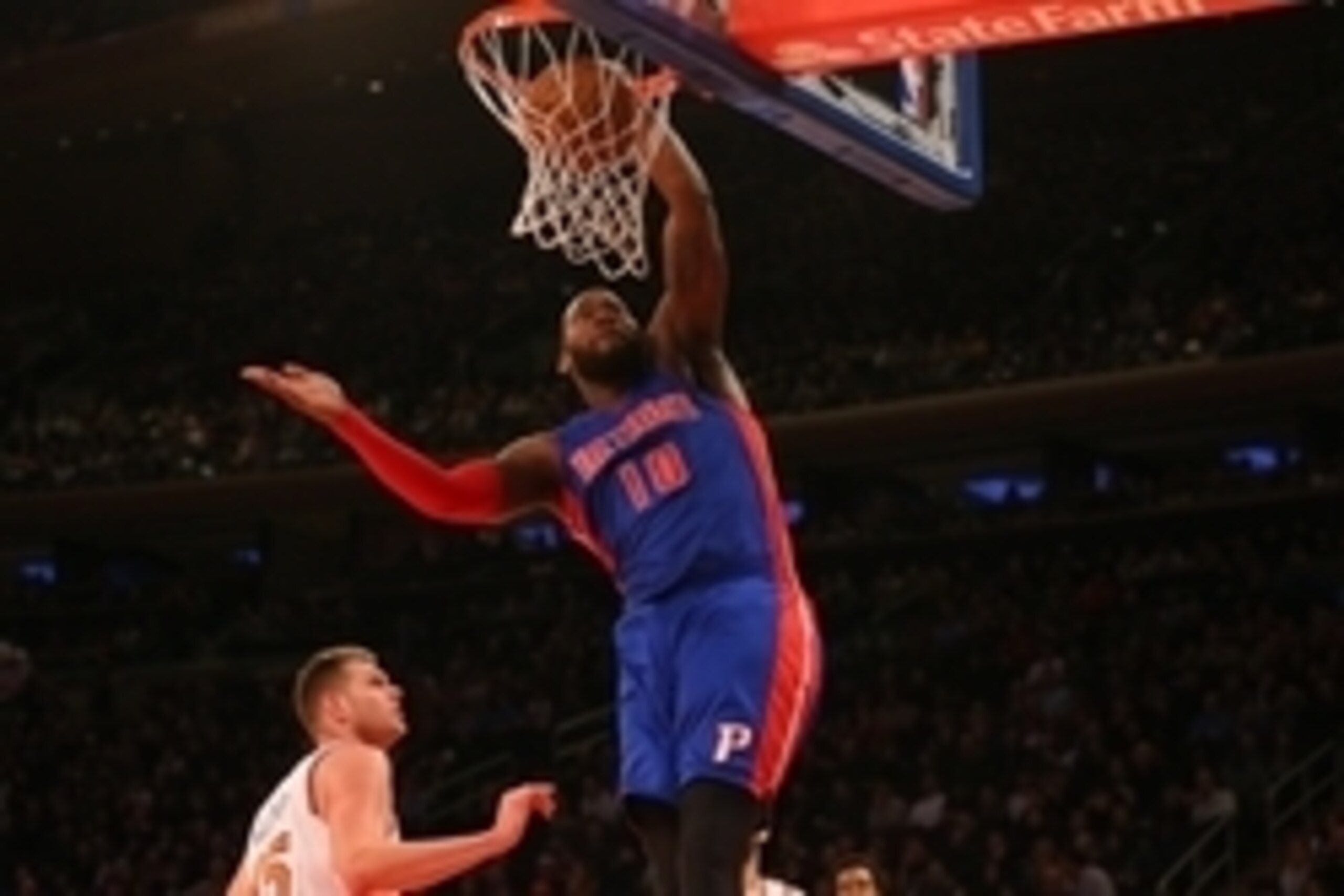 Jan 2, 2015; New York, NY, USA;  Detroit Pistons forward Greg Monroe (10) dunks during the first quarter against the New York Knicks at Madison Square Garden. Mandatory Credit: Anthony Gruppuso-USA TODAY Sports