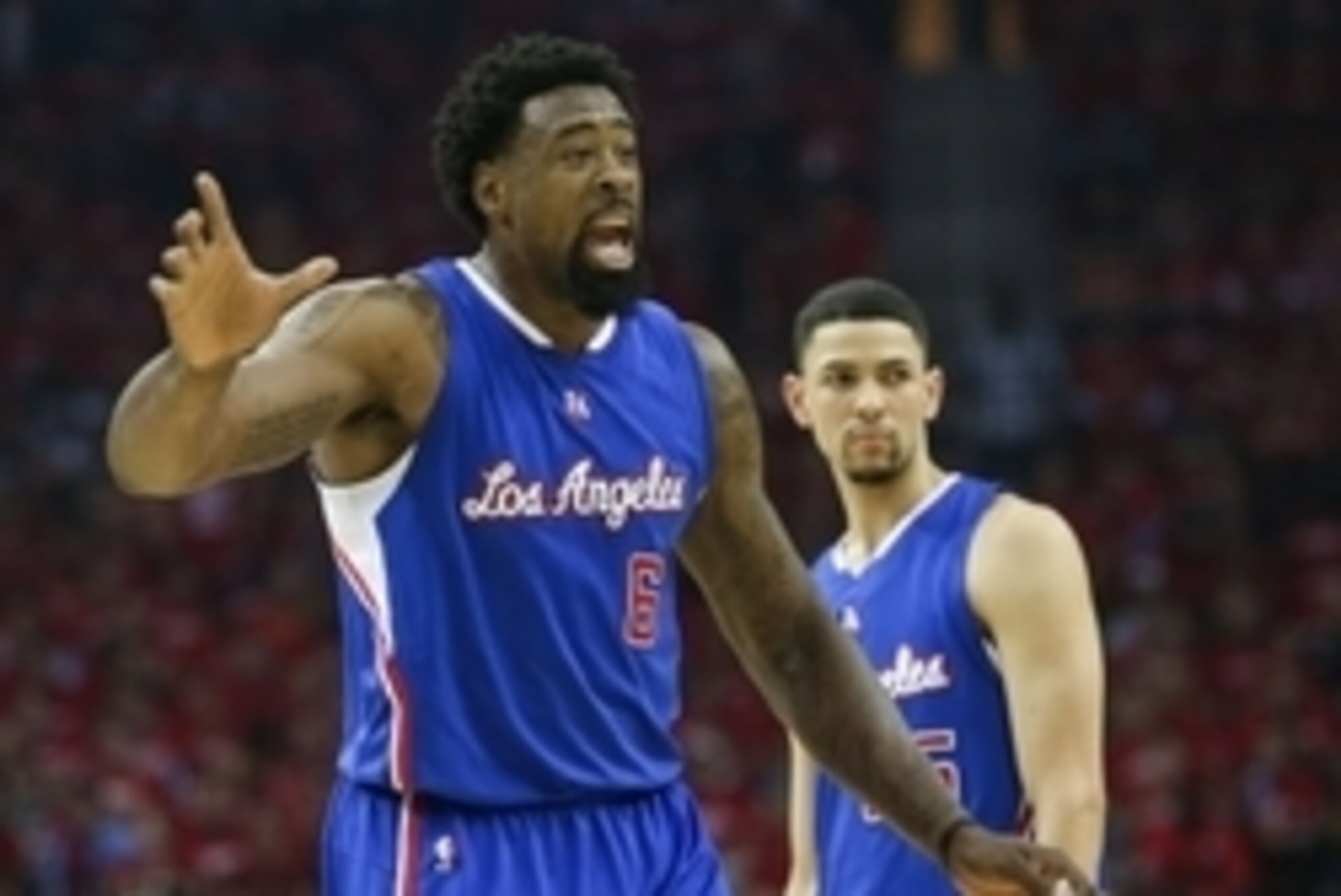 May 6, 2015; Houston, TX, USA; Los Angeles Clippers center DeAndre Jordan (6) reacts in game two of the second round of the NBA Playoffs against the Houston Rockets at Toyota Center. Mandatory Credit: Troy Taormina-USA TODAY Sports