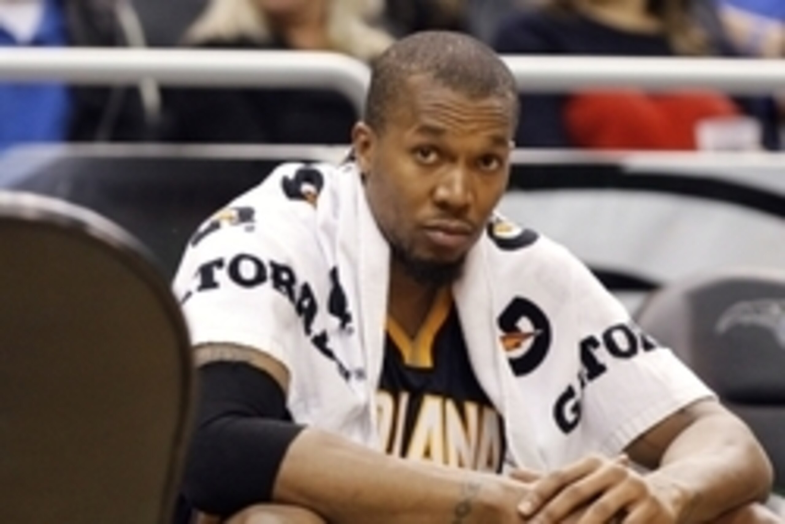Jan 25, 2015; Orlando, FL, USA; Indiana Pacers forward David West (21) looks on from the bench at a timeout during the second half against the Orlando Magic at Amway Center. Indiana Pacers defeated the Orlando Magic 106-99. Mandatory Credit: Kim Klement-U