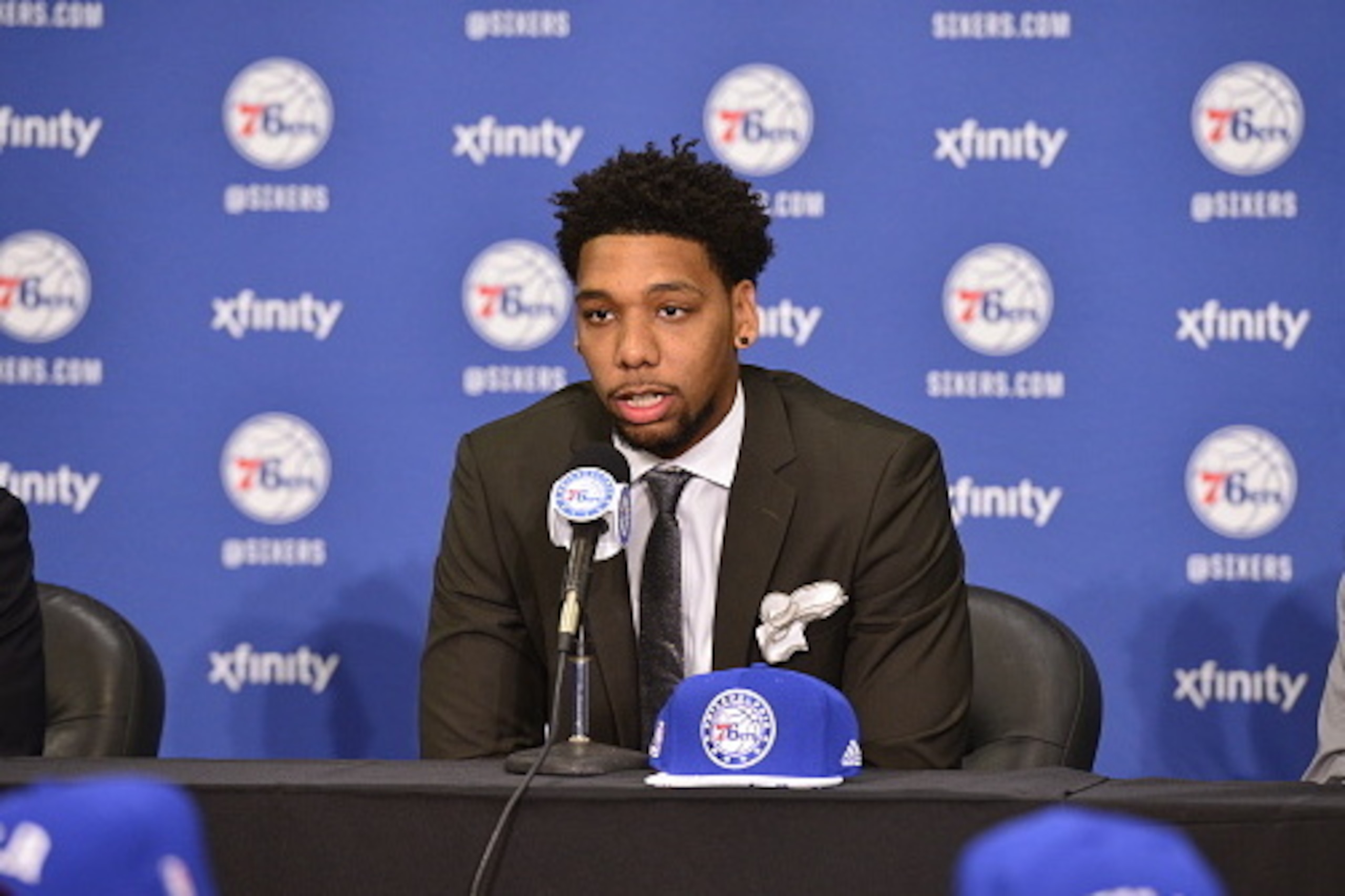 PHILADELPHIA, PA - JUNE 27: Jahlil Okafor attends a press conference after being selected by the Philadelphia 76ers in the 2015 NBA draft on June 27, 2015 at the Wells Fargo Center in Philadelphia, PA. NOTE TO USER: User expressly acknowledges and agrees 