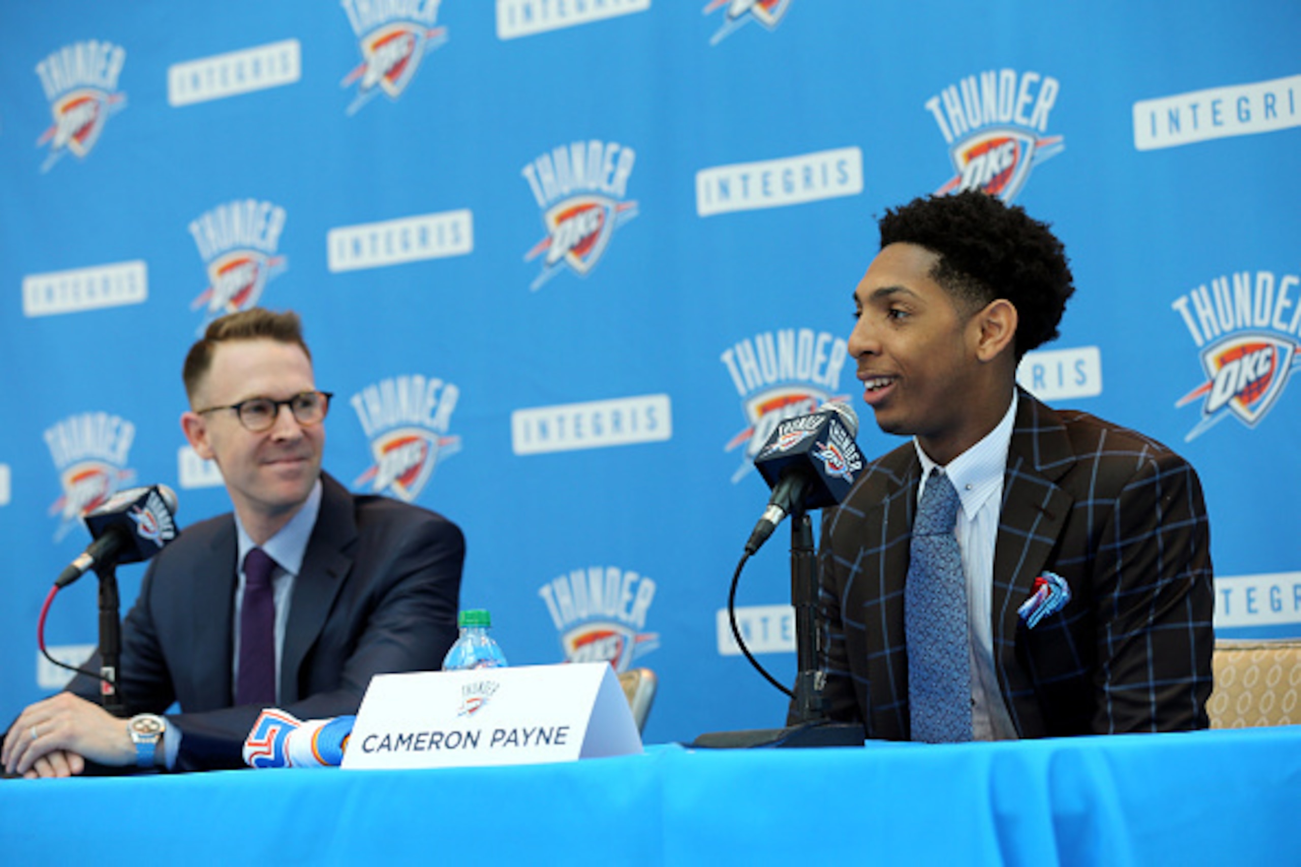 OKLAHOMA CITY, OK - JUNE 27: Cameron Payne #22 of the Oklahoma City Thunder speaks to the media on June 27, 2015 at Devon Tower in Oklahoma City, Oklahoma. NOTE TO USER: User expressly acknowledges and agrees that, by downloading and or using this Photogr