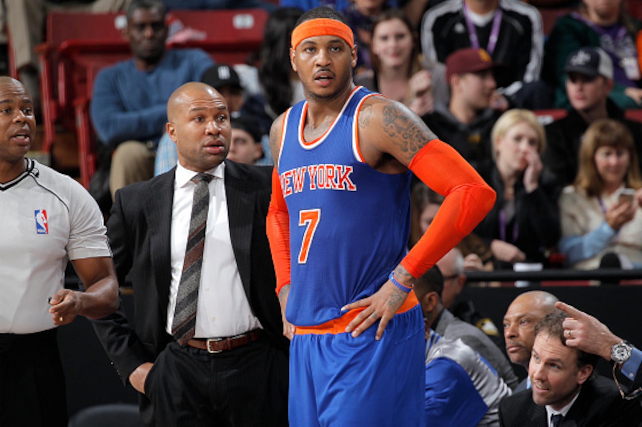SACRAMENTO, CA - DECEMBER 27: Head Coach Derek Fisher of the New York Knicks coaches Carmelo Anthony #7 against the Sacramento Kings on December 27, 2014 at Sleep Train Arena in Sacramento, California. NOTE TO USER: User expressly acknowledges and agrees