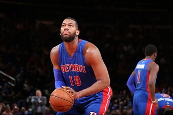 NEW YORK, NY - APRIL 15:  Greg Monroe #10 of the Detroit Pistons prepares to shoot a free throw against the New York Knicks on April 15, 2015 at Madison Square Garden in New York City.  NOTE TO USER: User expressly acknowledges and agrees that, by downloa