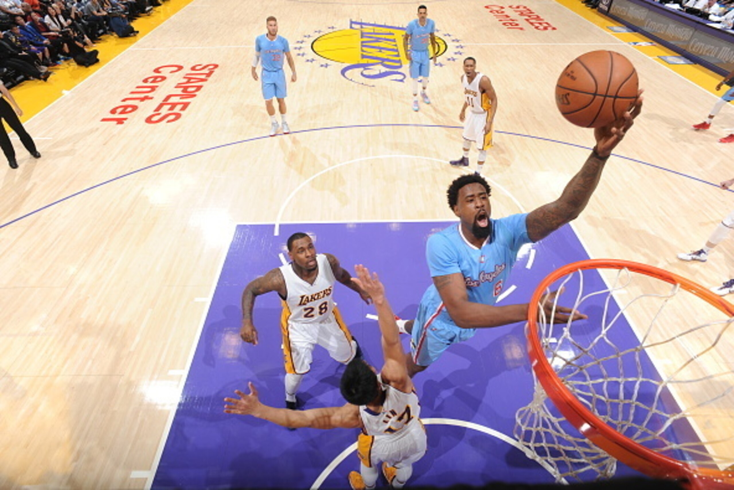 LOS ANGELES, CA - APRIL 5:  DeAndre Jordan #6 of the Los Angeles Clippers goes to the basket against the Los Angeles Lakers on April 5, 2015 at Staples Center in Los Angeles, California. NOTE TO USER: User expressly acknowledges and agrees that, by downlo