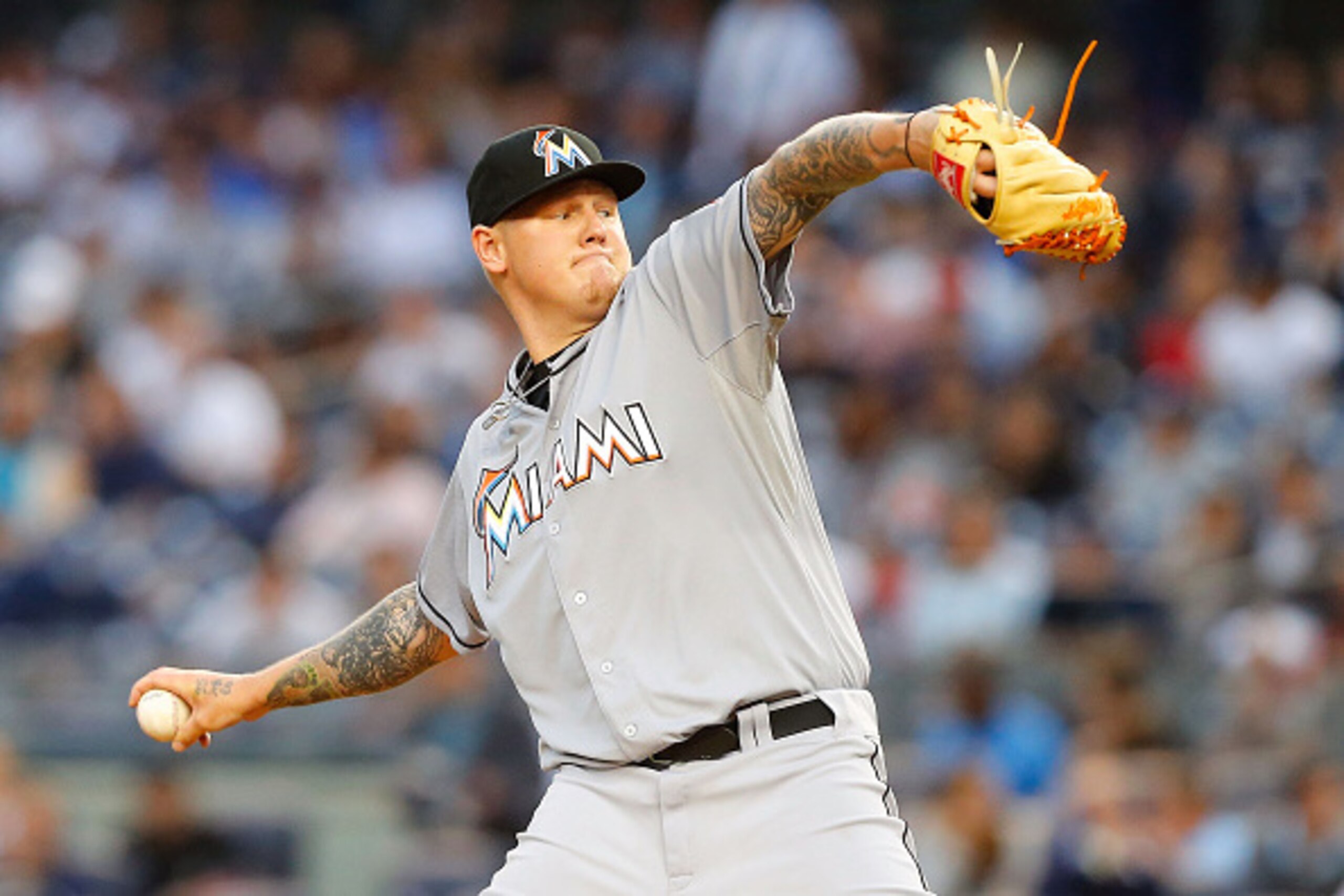 NEW YORK, NY - JUNE 18:  Mat Latos #35 of the Miami Marlins pitches in the first inning against the New York Yankees at Yankee Stadium on June 18, 2015 in the Bronx borough of New York City.  (Photo by Jim McIsaac/Getty Images)