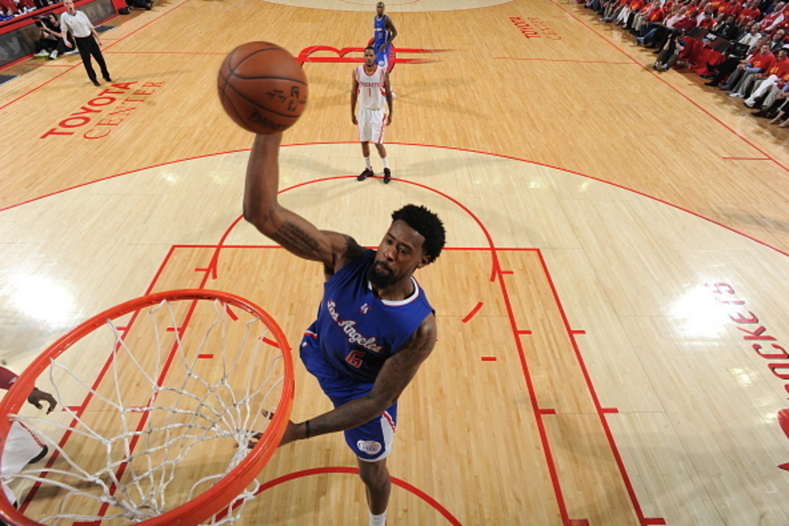 HOUSTON, TX - MAY 17: DeAndre Jordan #6 of the Los Angeles Clippers attempts a dunk against the Houston Rockets in Game Seven of the Western Conference Semifinals during the 2015 NBA Playoffs on May 17, 2015 at the Toyota Center in Houston, Texas. NOTE T HOUSTON, TX - MAY 17: DeAndre Jordan #6 of the Los Angeles Clippers attempts a dunk against the Houston Rockets in Game Seven of the Western Conference Semifinals during the 2015 NBA Playoffs on May 17, 2015 at the Toyota Center in Houston, Texas. NOTE T