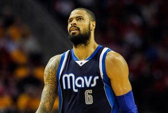 Apr 28, 2015; Houston, TX, USA; Dallas Mavericks center Tyson Chandler (6) reacts after a play during the second quarter against the Houston Rockets in game five of the first round of the NBA Playoffs at Toyota Center. Mandatory Credit: Troy Taormina-USA