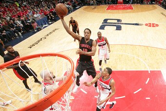 WASHINGTON, DC - APRIL 24: DeMar DeRozan #10 of the Toronto Raptors shoots against the Washington Wizards in Game Three of the Eastern Conference Quarterfinals during the 2015 NBA Playoffs on April 24, 2015 at Verizon Center in Washington, DC. NOTE TO USE