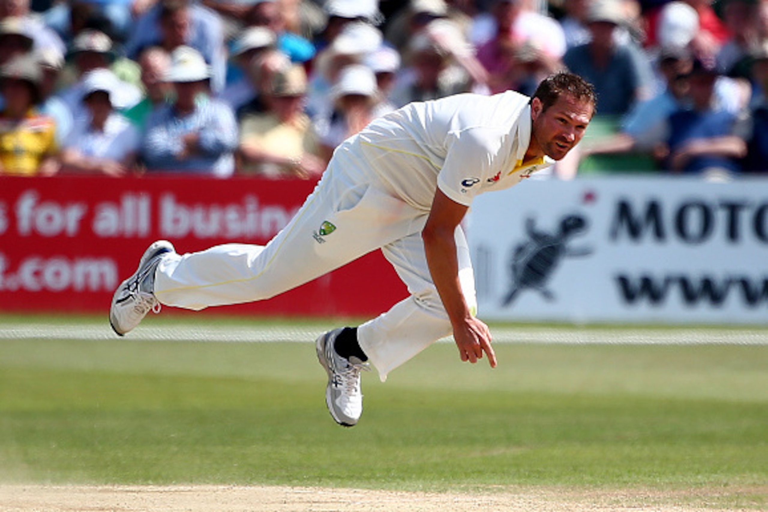 CANTERBURY, ENGLAND - JUNE 26: Australia's Ryan Harris bowls during day two of the tour match between Kent and Australia at The Spitfire Ground, St Lawrence on June 26, 2015 in Canterbury, England. (Photo by Charlie Crowhurst/Getty Images)