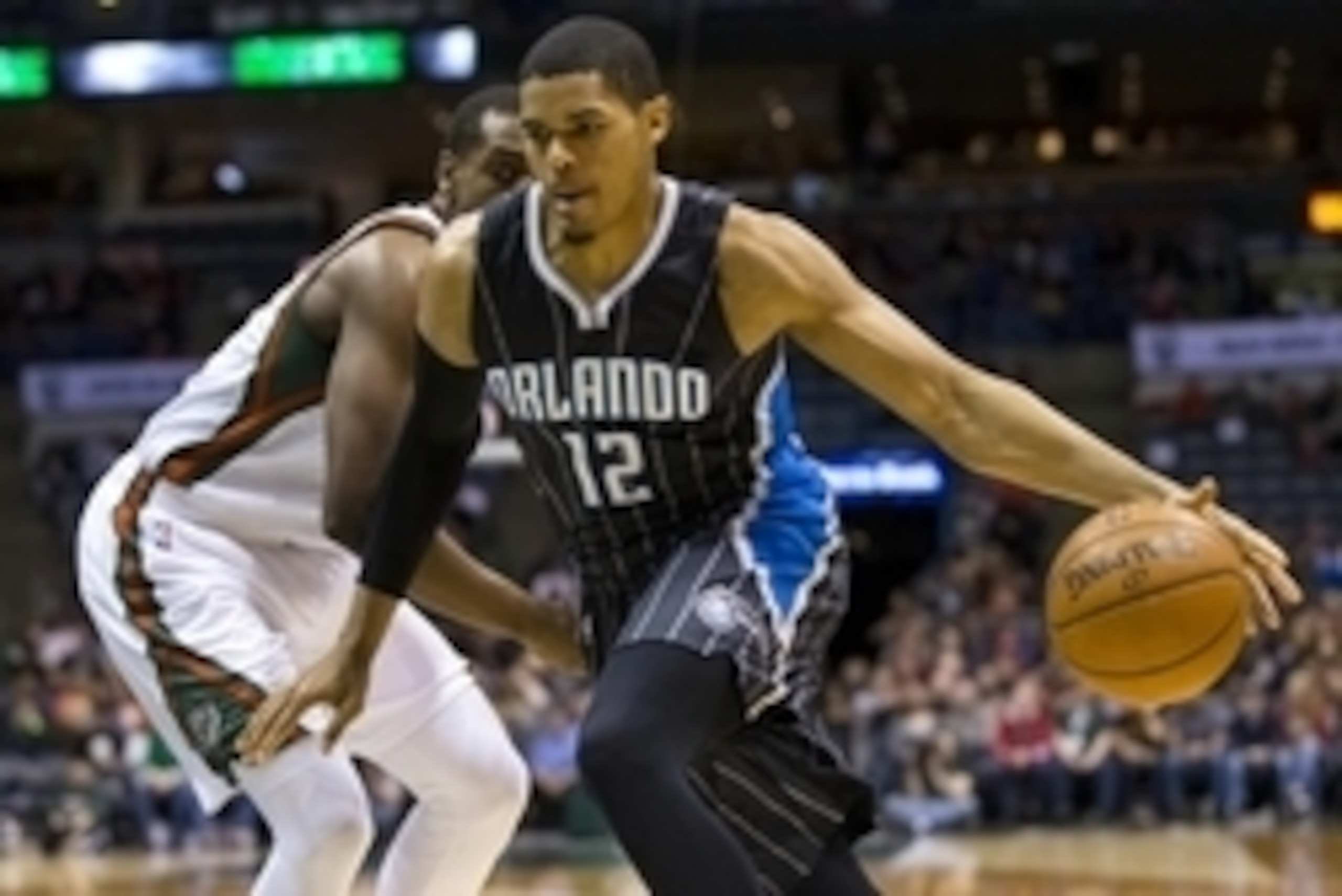 Apr 4, 2015; Milwaukee, WI, USA; Orlando Magic forward Tobias Harris (12) drives for basket during the first quarter against the Milwaukee Bucks at BMO Harris Bradley Center. Mandatory Credit: Jeff Hanisch-USA TODAY Sports
