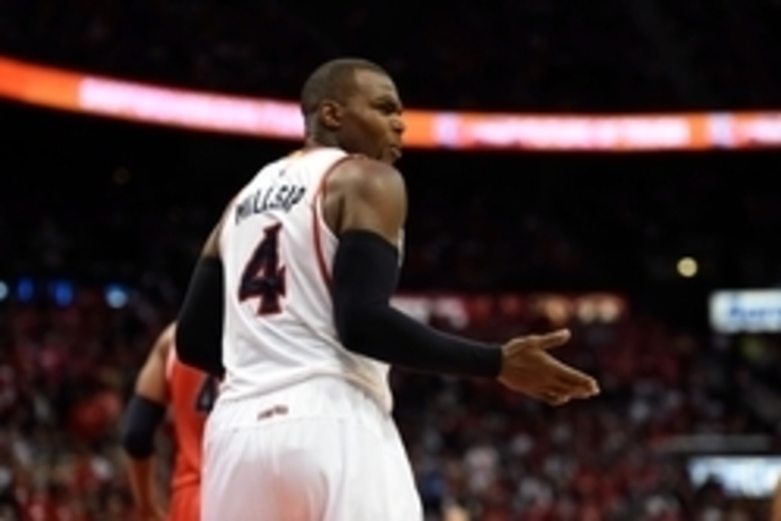 May 13, 2015; Atlanta, GA, USA; Atlanta Hawks forward Paul Millsap (4) reacts after a foul call against the Washington Wizards during the first half in game five of the second round of the NBA Playoffs at Philips Arena. Mandatory Credit: Dale Zanine-USA T