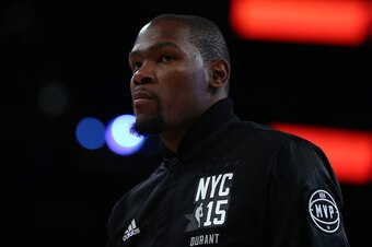 NEW YORK, NY - FEBRUARY 15:  Kevin Durant #35 of the Oklahoma City Thunder and the Western Conference looks on during the 2015 NBA All-Star Game at Madison Square Garden on February 15, 2015 in New York City.  NOTE TO USER: User expressly acknowledges and