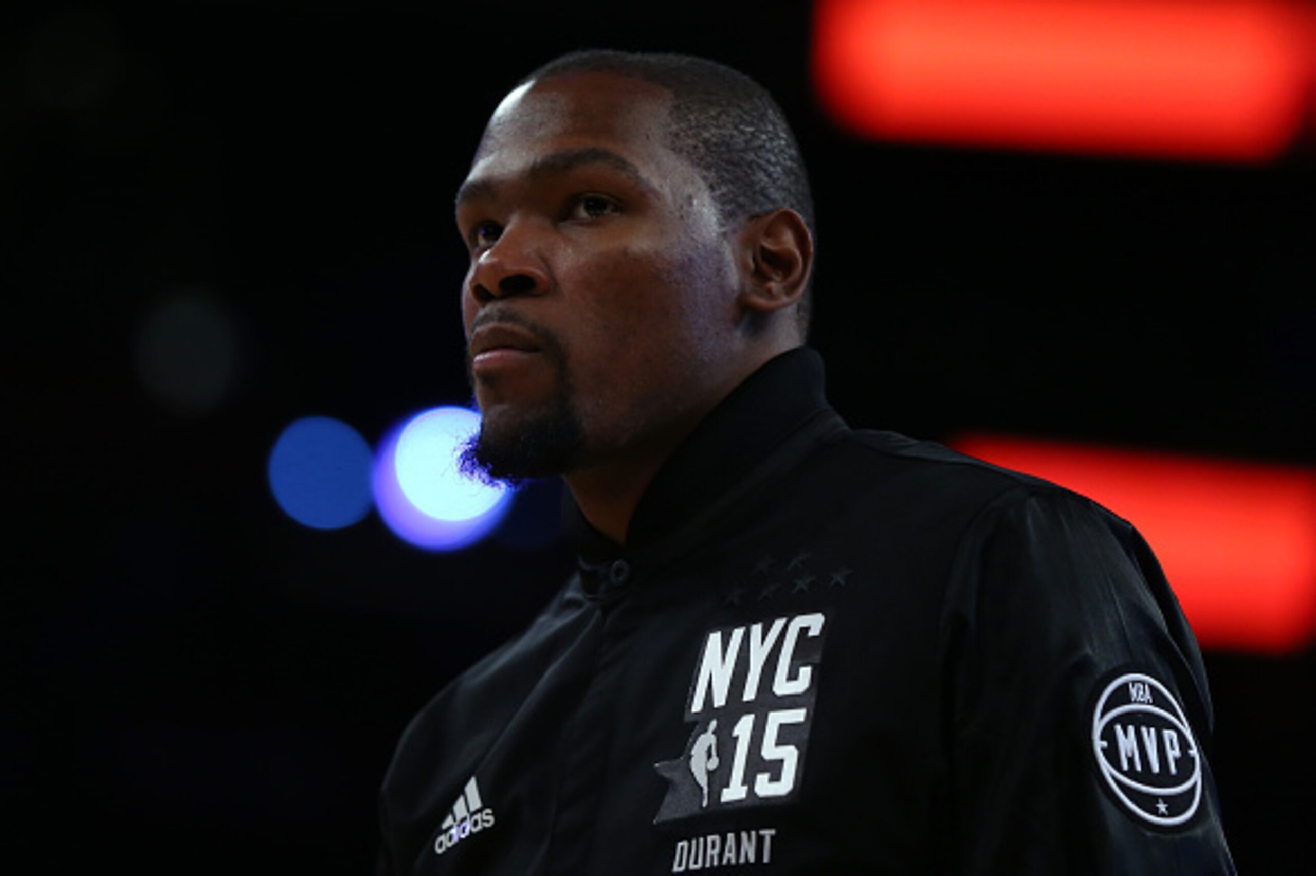 NEW YORK, NY - FEBRUARY 15:  Kevin Durant #35 of the Oklahoma City Thunder and the Western Conference looks on during the 2015 NBA All-Star Game at Madison Square Garden on February 15, 2015 in New York City.  NOTE TO USER: User expressly acknowledges and
