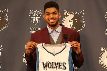 MINNEAPOLIS, MN - June 26:  First overall pick in the 2015 NBA Draft Karl-Anthony Towns of the Minnesota Timberwolves is introduced to the media on June 26, 2015 at the Minnesota Timberwolves and Lynx Courts at Mayo Clinic Square in Minneapolis, Minnesota