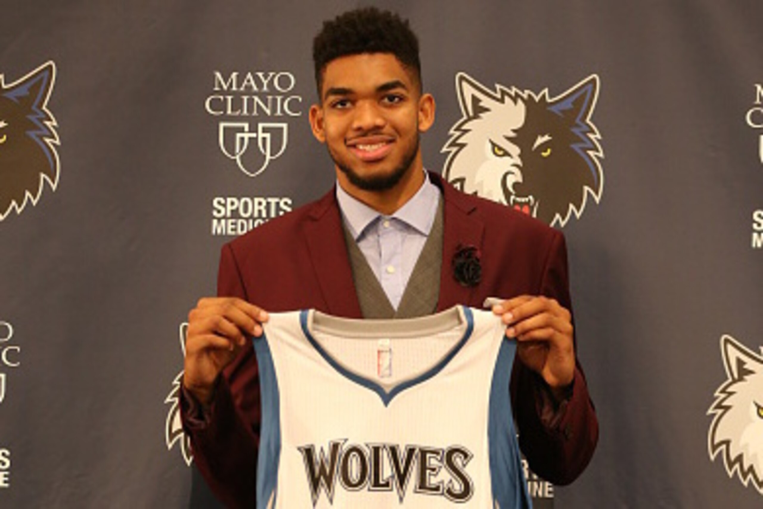 MINNEAPOLIS, MN - June 26:  First overall pick in the 2015 NBA Draft Karl-Anthony Towns of the Minnesota Timberwolves is introduced to the media on June 26, 2015 at the Minnesota Timberwolves and Lynx Courts at Mayo Clinic Square in Minneapolis, Minnesota