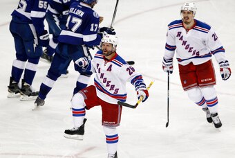 May 22, 2015; Tampa, FL, USA; New York Rangers right wing Martin St. Louis (26) celebrates after scoring a goal against the Tampa Bay Lightning in the third period in game four of the Eastern Conference Final of the 2015 Stanley Cup Playoffs at Amalie Are