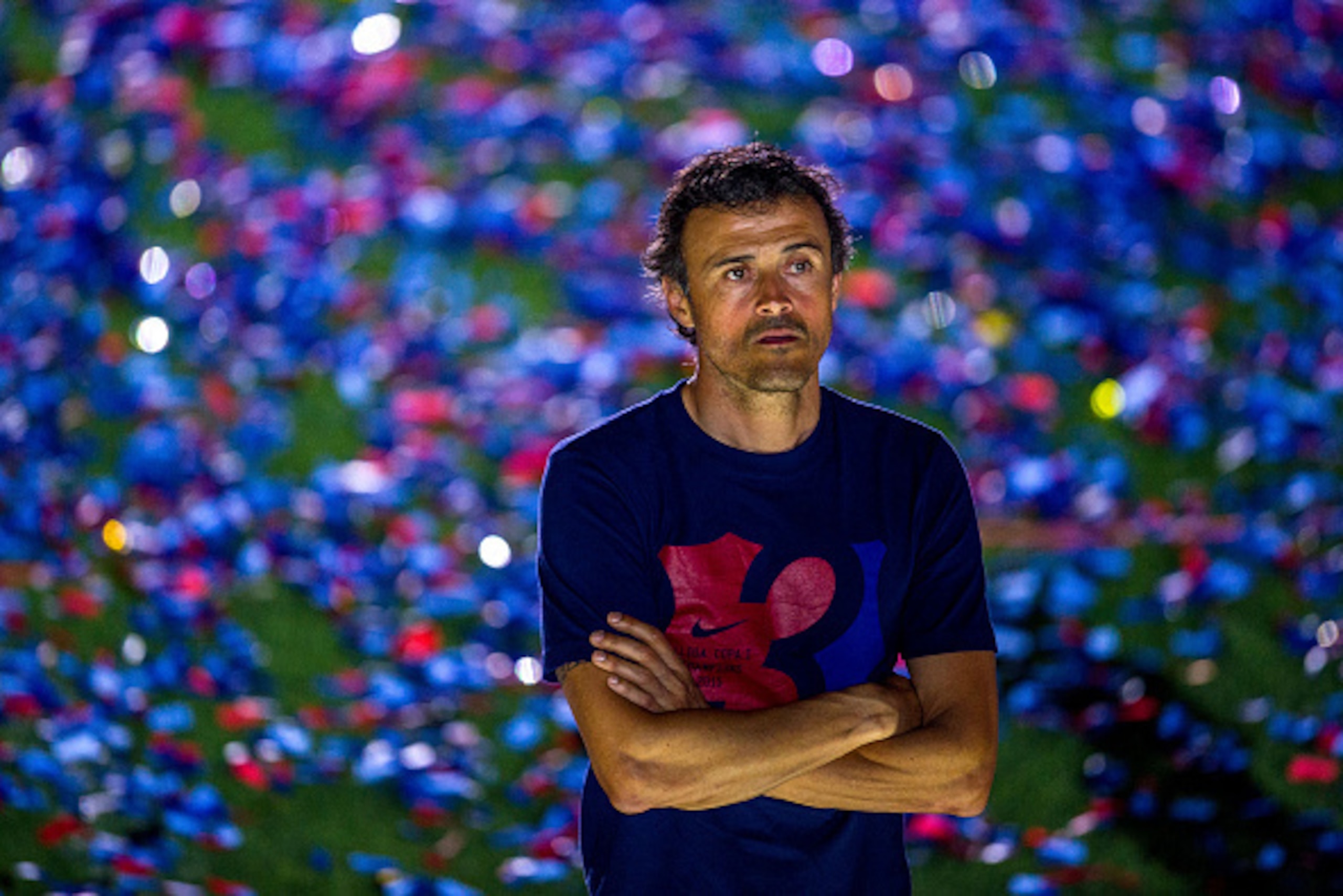 BARCELONA, SPAIN - JUNE 07: Head coach Luis Enrique of FC Barcelona looks on during their victory parade after winning the UEFA Champions League Final at the Camp Nou Stadium on June 7, 2015 in Barcelona, Spain. (Photo by David Ramos/Getty Images)