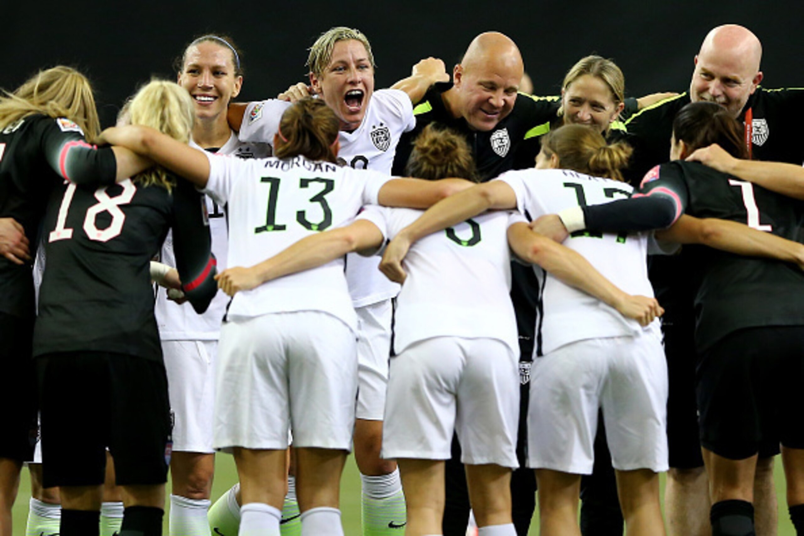 MONTREAL, QC - JUNE 30:  Abby Wambach #20 of the United States celebrates after the USA 2-0 victory against Germany in the FIFA Women's World Cup 2015 Semi-Final Match at Olympic Stadium on June 30, 2015 in Montreal, Canada.  (Photo by Elsa/Getty Images)