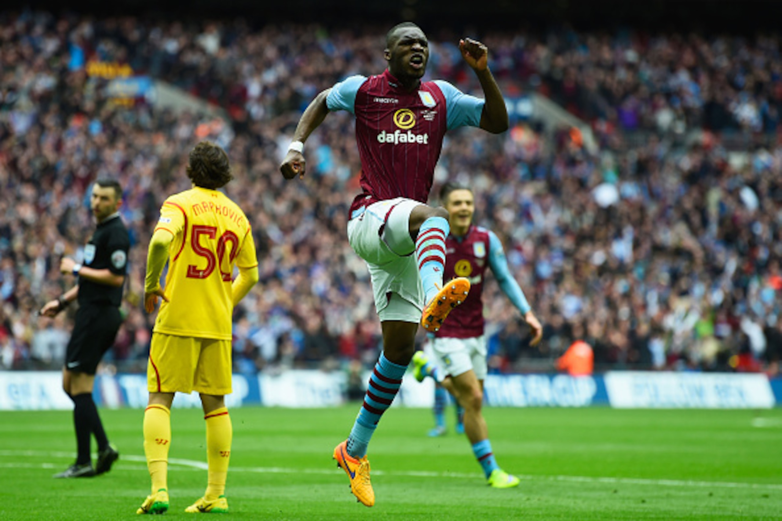 LONDON, ENGLAND - APRIL 19: Christian Benteke of Aston Villa celebrates scoring their first goal during the FA Cup Semi Final between Aston Villa and Liverpool at Wembley Stadium on April 19, 2015 in London, England. (Photo by Mike Hewitt/Getty Images) LONDON, ENGLAND - APRIL 19: Christian Benteke of Aston Villa celebrates scoring their first goal during the FA Cup Semi Final between Aston Villa and Liverpool at Wembley Stadium on April 19, 2015 in London, England. (Photo by Mike Hewitt/Getty Images)
