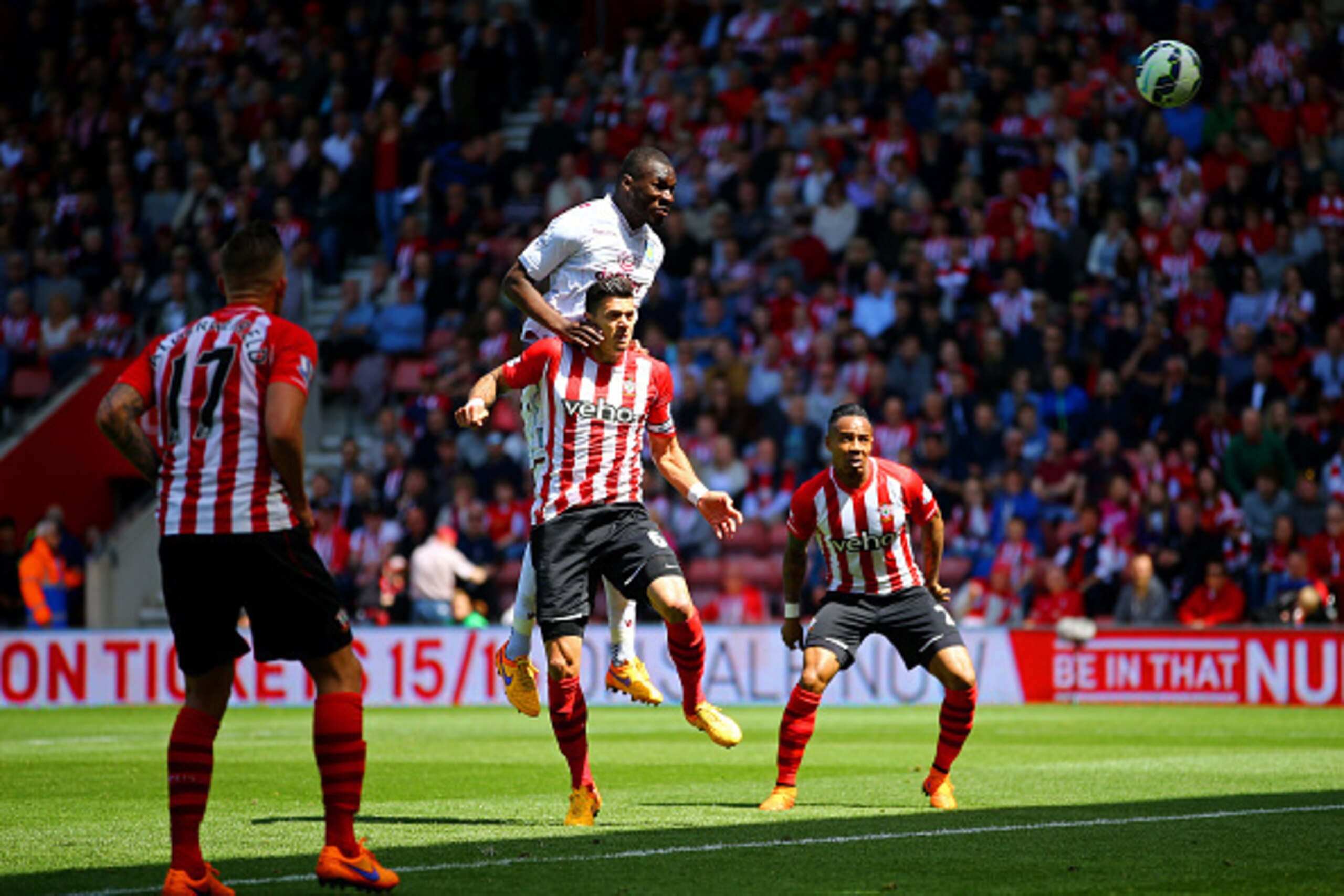 SOUTHAMPTON, ENGLAND - MAY 16: Christian Benteke of Aston Villa heads in their first goal during the Barclays Premier League match between Southampton and Aston Villa at St Mary's Stadium on May 16, 2015 in Southampton, England. (Photo by Richard Heathc SOUTHAMPTON, ENGLAND - MAY 16: Christian Benteke of Aston Villa heads in their first goal during the Barclays Premier League match between Southampton and Aston Villa at St Mary's Stadium on May 16, 2015 in Southampton, England. (Photo by Richard Heathc