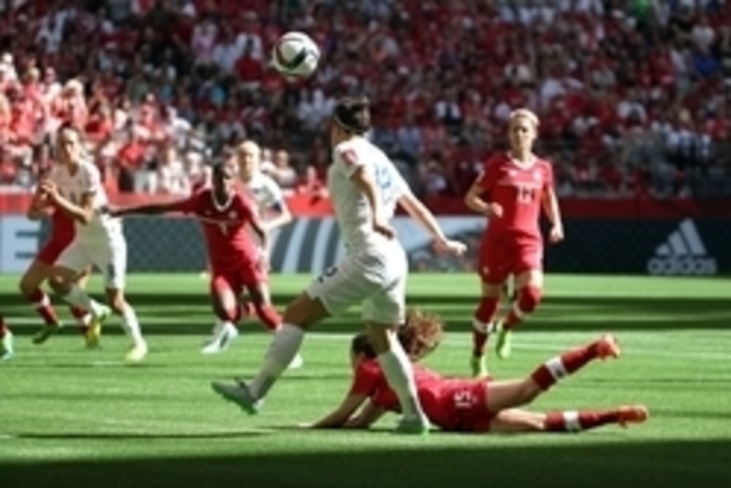 Jun 27, 2015; Vancouver, British Columbia, CAN; (Editors note: Caption correction) England defender Lucy Bronze (12) scores against Canada during the first half in the quarterfinals of the FIFA 2015 Women's World Cup at BC Place Stadium. Mandatory Credit: Jun 27, 2015; Vancouver, British Columbia, CAN; (Editors note: Caption correction) England defender Lucy Bronze (12) scores against Canada during the first half in the quarterfinals of the FIFA 2015 Women's World Cup at BC Place Stadium. Mandatory Credit: