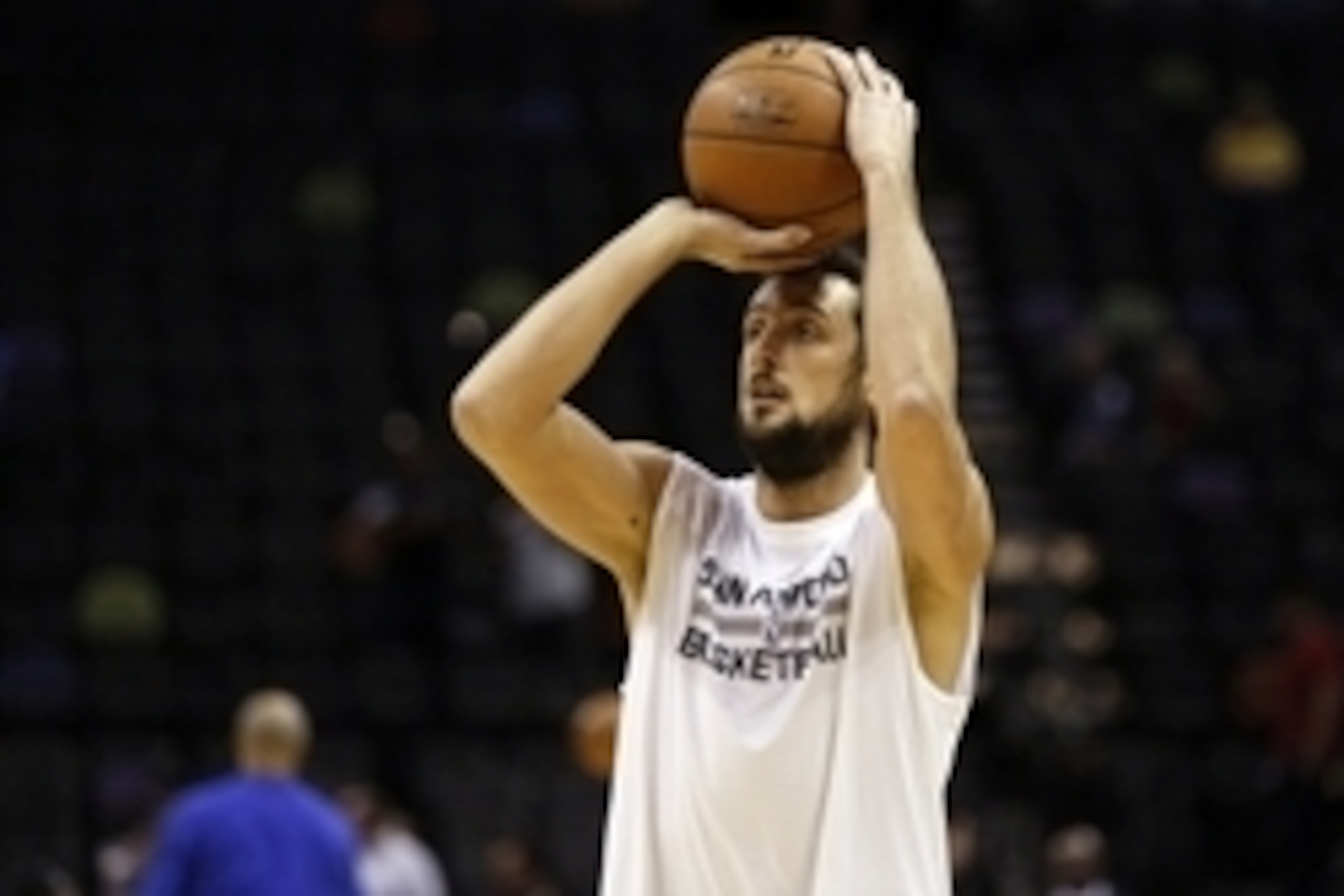 Dec 10, 2014; San Antonio, TX, USA; San Antonio Spurs shooting guard Marco Belinelli (3) warms up before the game against the New York Knicks during the first half at AT&T Center. Mandatory Credit: Soobum Im-USA TODAY Sports