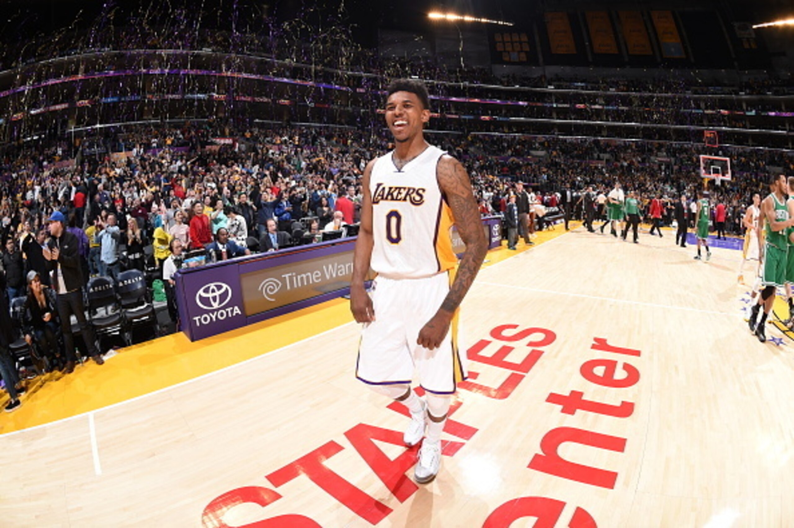 LOS ANGELES, CA - FEBRUARY 22: Nick Young #0 of the Los Angeles Lakers celebrates after the game against the Boston Celtics on February 22, 2015 at Staples Center in Los Angeles, California. NOTE TO USER: User expressly acknowledges and agrees that, by d LOS ANGELES, CA - FEBRUARY 22: Nick Young #0 of the Los Angeles Lakers celebrates after the game against the Boston Celtics on February 22, 2015 at Staples Center in Los Angeles, California. NOTE TO USER: User expressly acknowledges and agrees that, by d