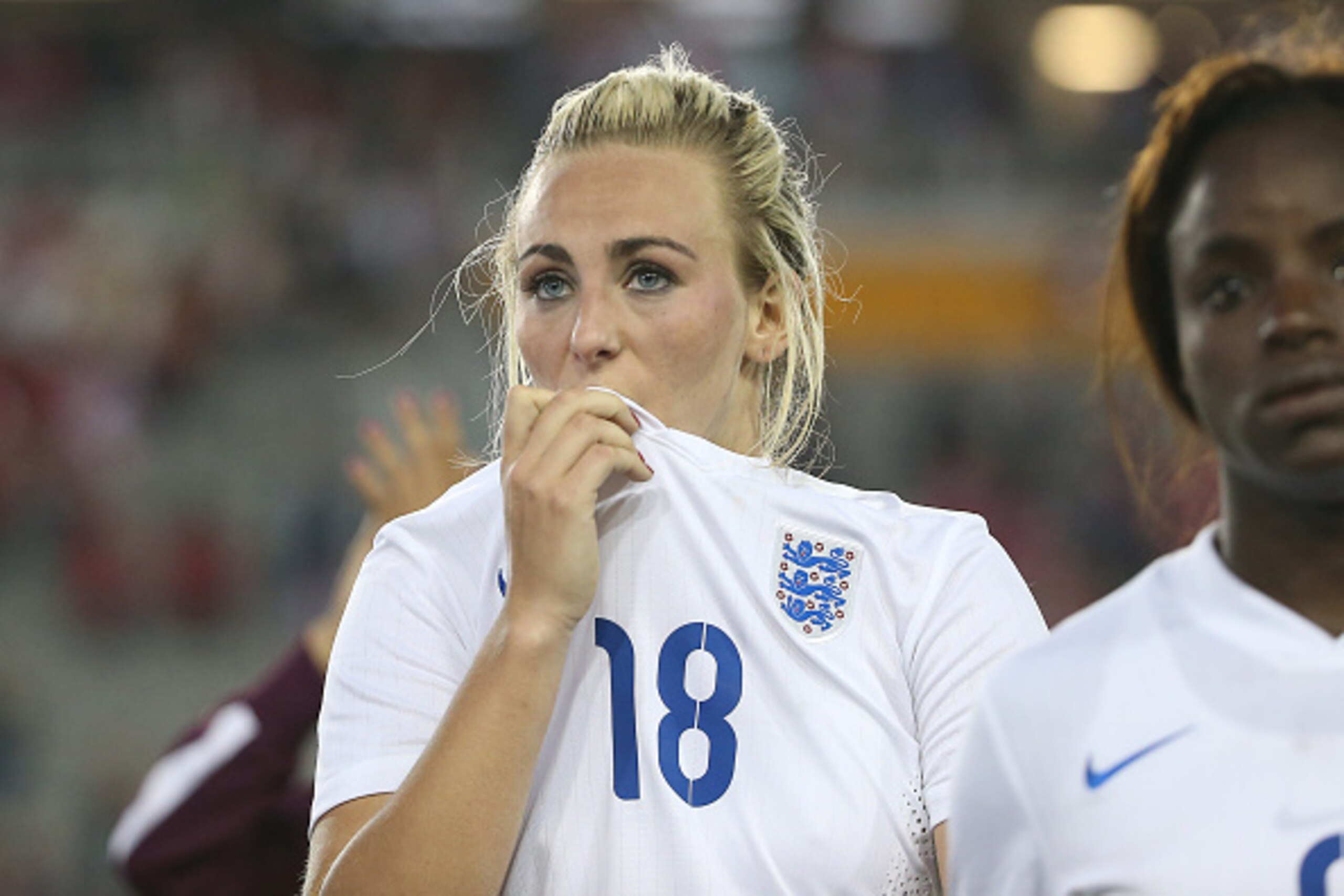 HAMILTON, CANADA - MAY 29: Toni Duggan #18 of England walks off the field following their defeat against Canada during their Womenâs International Friendly match on May 29, 2015 at Tim Hortons Field in Hamilton, Ontario, Canada. (Photo by Tom Szczerbowski