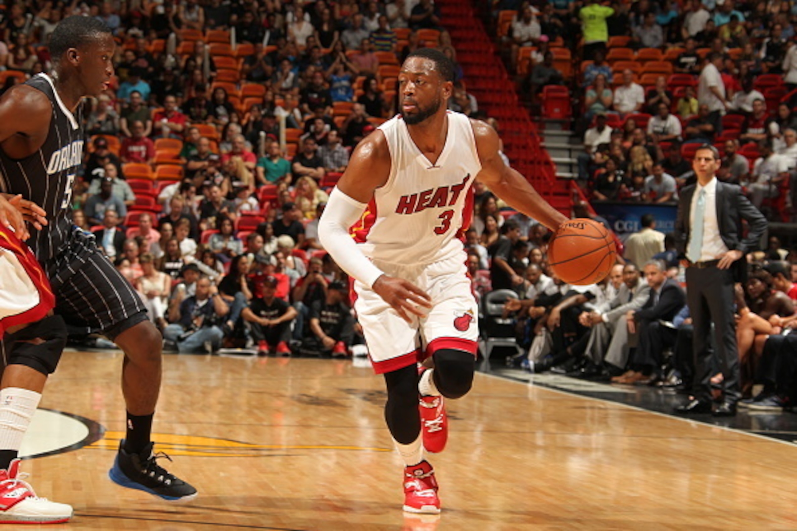 MIAMI, FL - APRIL 13:  Dwyane Wade #3 of the Miami Heat brings the ball up court against against the Orlando Magic on April 13, 2015 at American Airlines Arena in Miami, Florida.  NOTE TO USER: User expressly acknowledges and agrees that, by downloading a