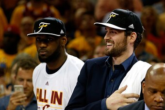 CLEVELAND, OH - MAY 26:  Kevin Love #0 and LeBron James #23 of the Cleveland Cavaliers celebrate after defeating the Atlanta Hawks during Game Four of the Eastern Conference Finals of the 2015 NBA Playoffs at Quicken Loans Arena on May 26, 2015 in Clevela