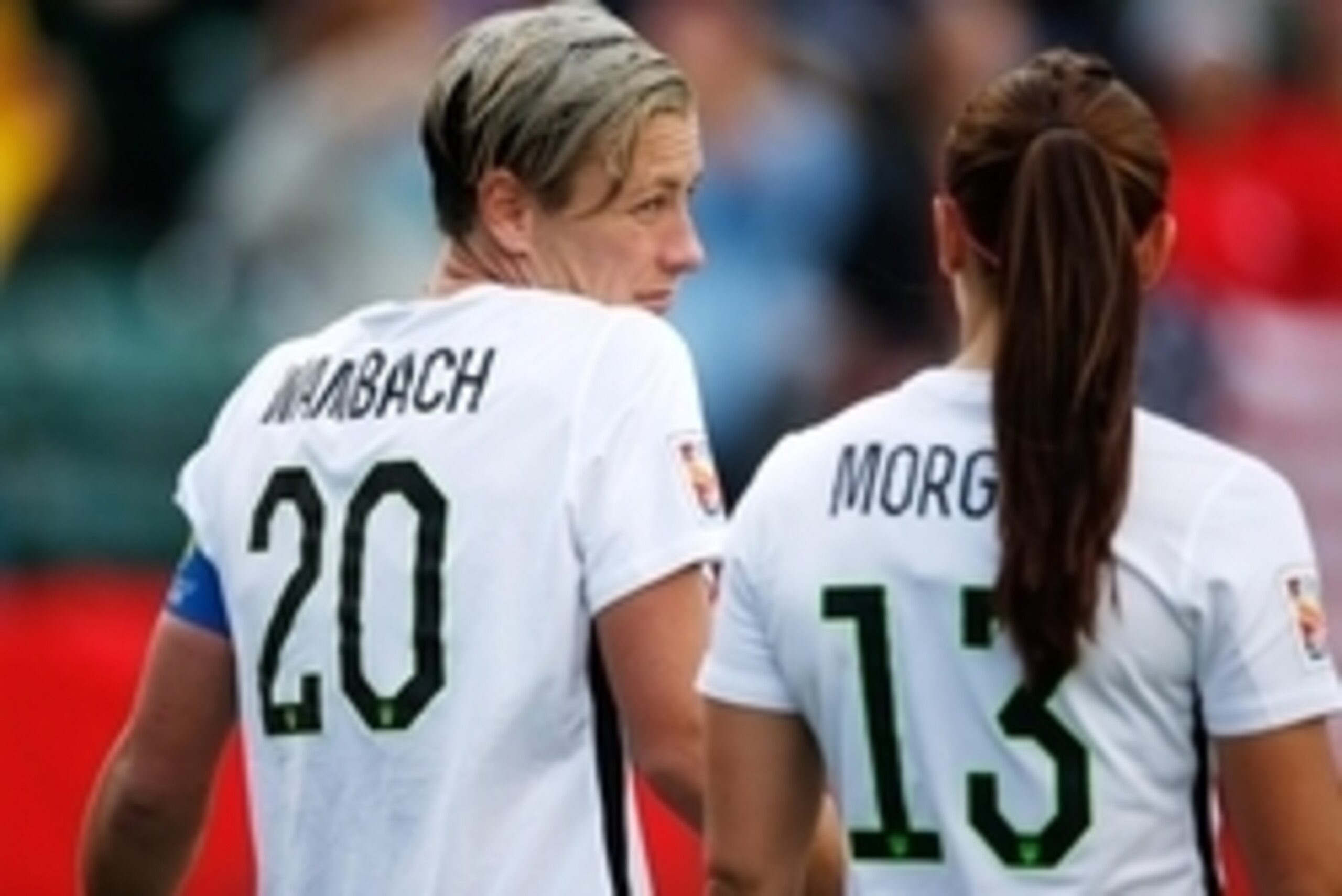 Jun 22, 2015; Edmonton, Alberta, CAN; United States forwards Abby Wambach (20) and Alex Morgan (13) walk onto the field during halftime against Colombia in the round of sixteen in the FIFA 2015 women's World Cup soccer tournament at Commonwealth Stadium. Jun 22, 2015; Edmonton, Alberta, CAN; United States forwards Abby Wambach (20) and Alex Morgan (13) walk onto the field during halftime against Colombia in the round of sixteen in the FIFA 2015 women's World Cup soccer tournament at Commonwealth Stadium.